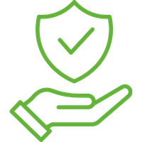 Eén van de opleidingen die BimBam Archeologie aanbiedt is de verdiepende module 'Risicobeheersing'. Je ziet een groene hand die een schild met een vinkje vasthoudt, symbool voor bescherming en veiligheid.