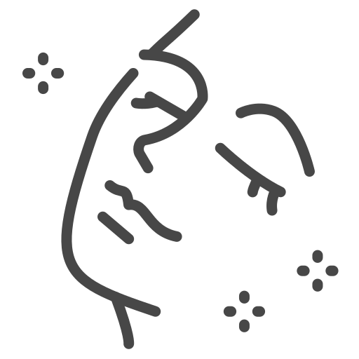 Stylized line drawing of a woman's face with short hair and closed eyes, with decorative dots around her head.