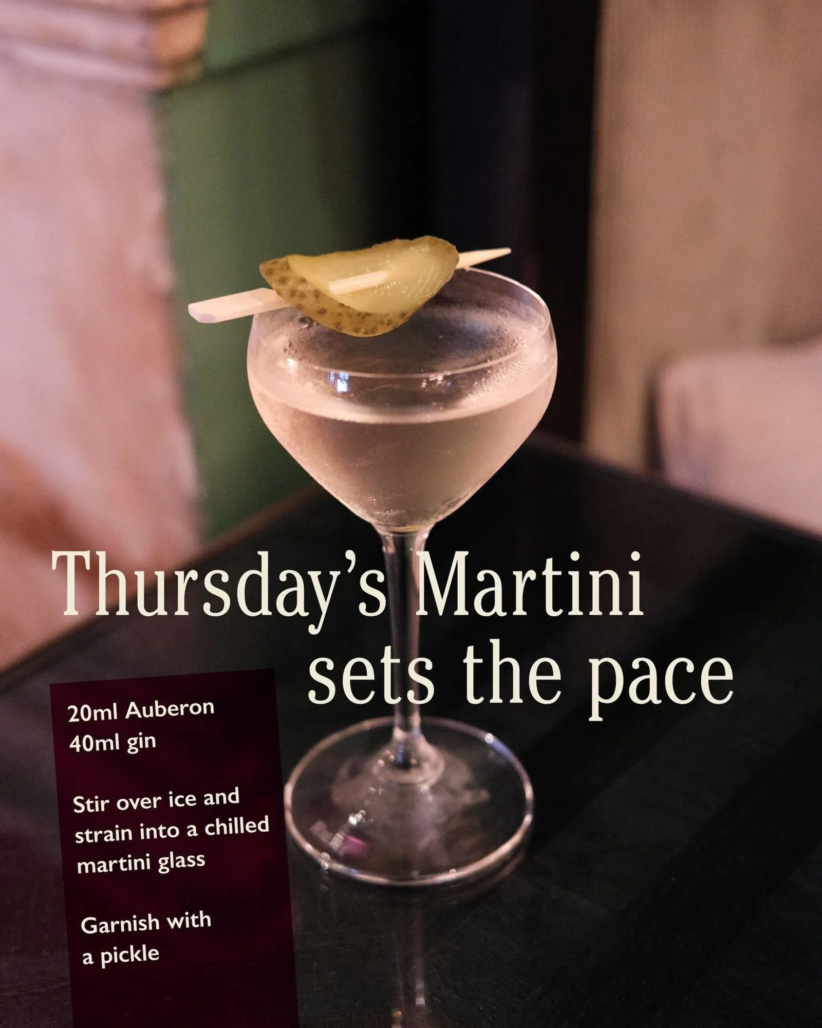 Thursday's Martini sets the pace.

The Auberon Martini at @rakescafebar 20ml Auberon, 40ml gin, stirred cold, strained into a chilled glass. Pickled garnish. Unmistakably not a Wednesday drink.

#drinkauberon #auberon #asenglishasrhubarb #rakescafeba