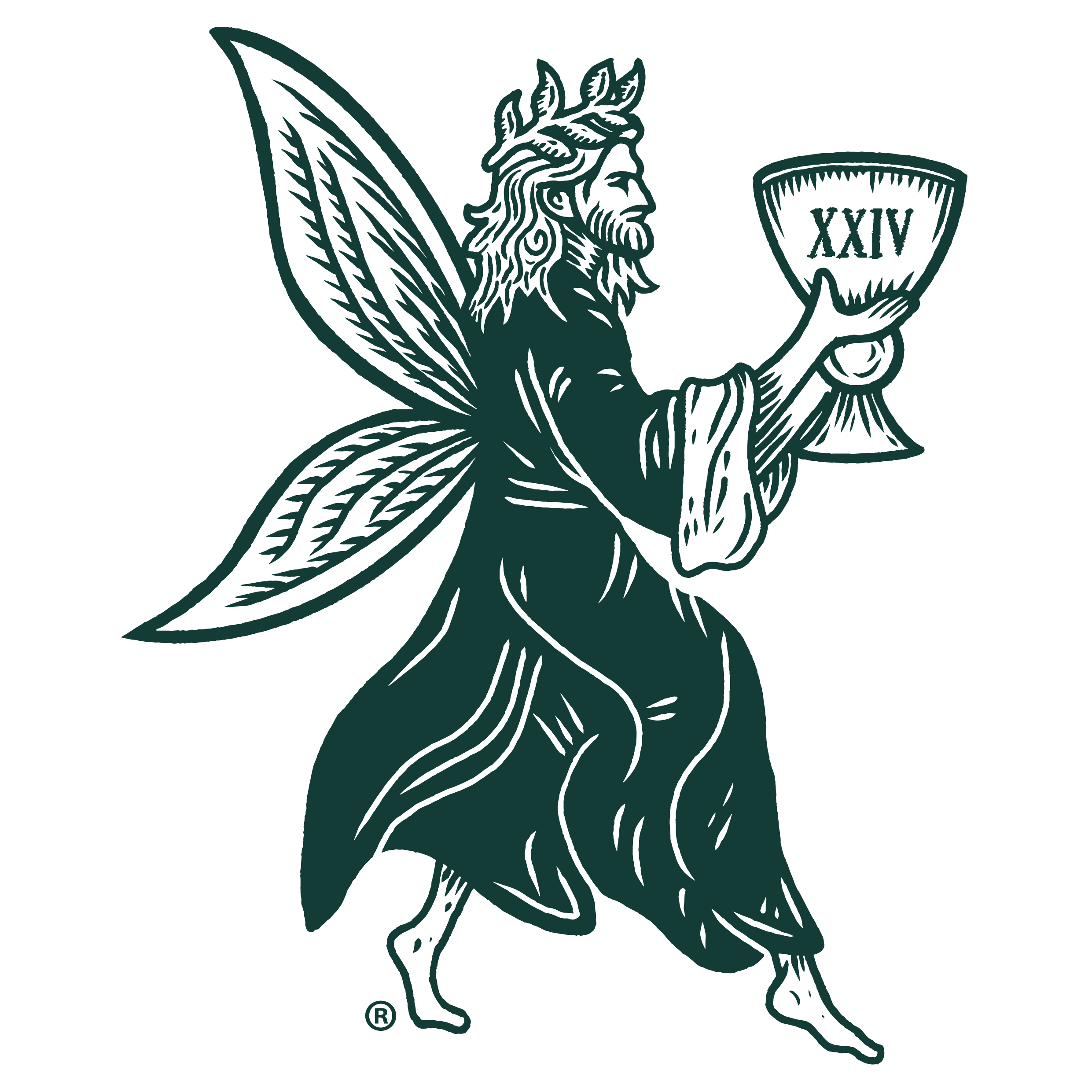 A beautiful logo for Auberon Rhubarb Liqueur featuring the brand mascot, a green male fairy king.