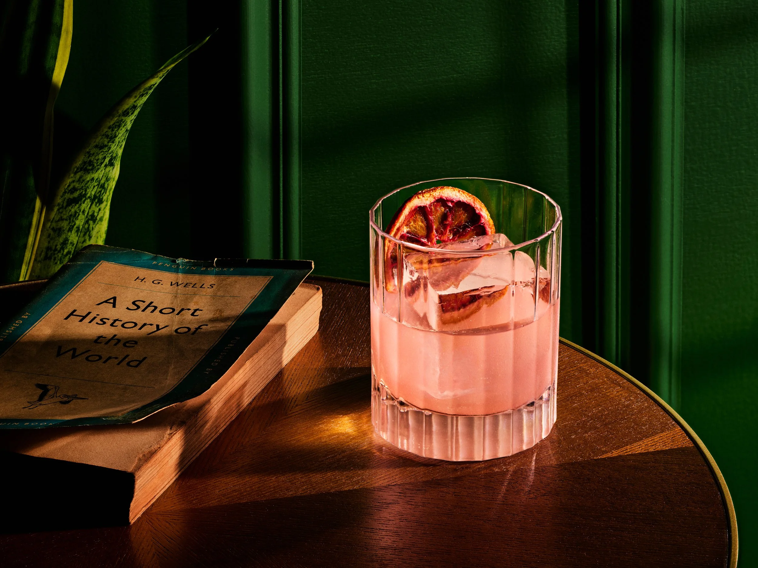 A glass of pink cocktail with a dried blood orange slice on the rim, placed on a wooden table beside a book titled 'A Short History of the World' by H.G. Wells, with green paneling and a plant in the background.