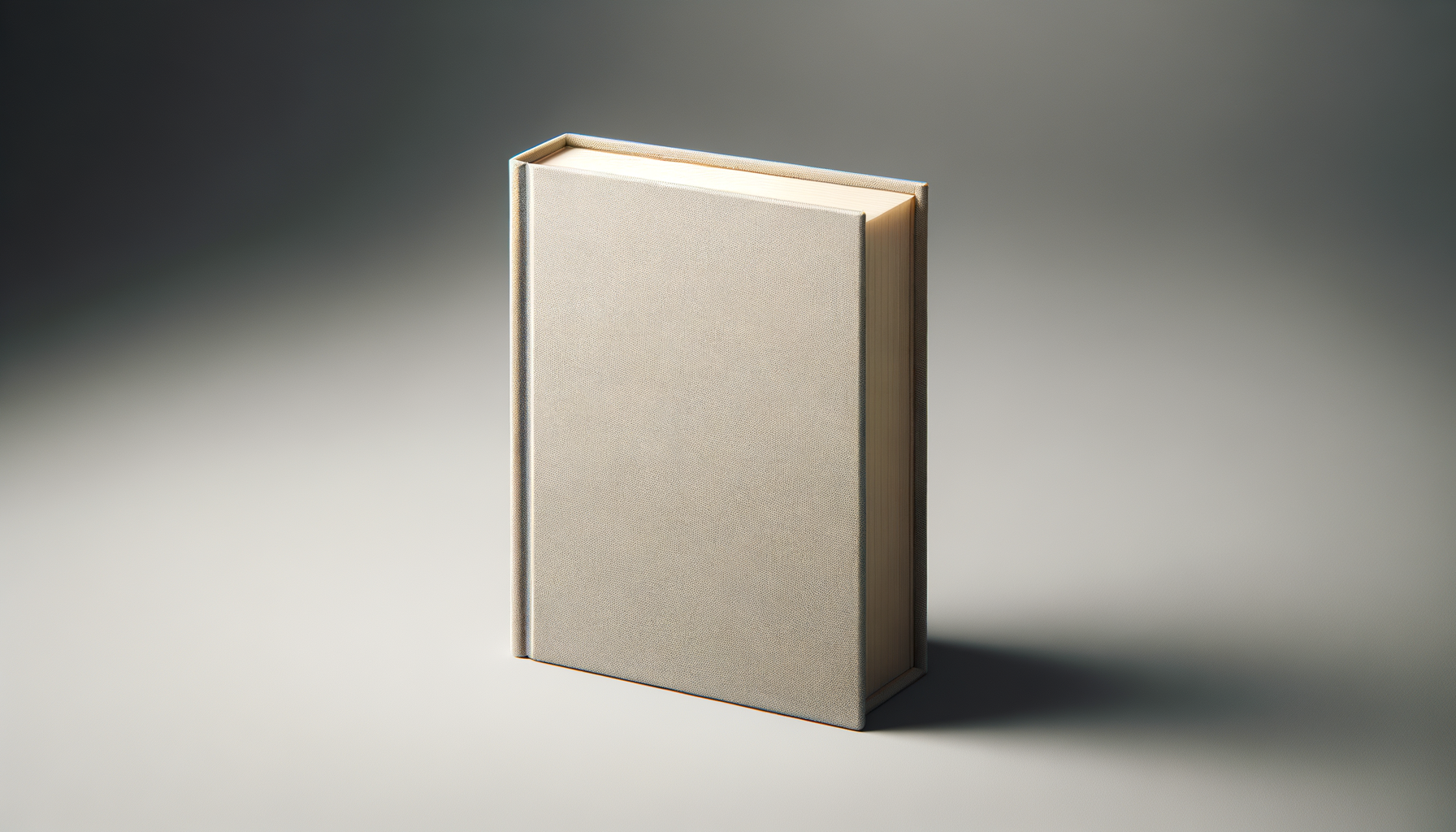 A closed hardcover book with a plain, light-colored cover standing upright on a neutral surface, illuminated by a soft light against a gradient background.