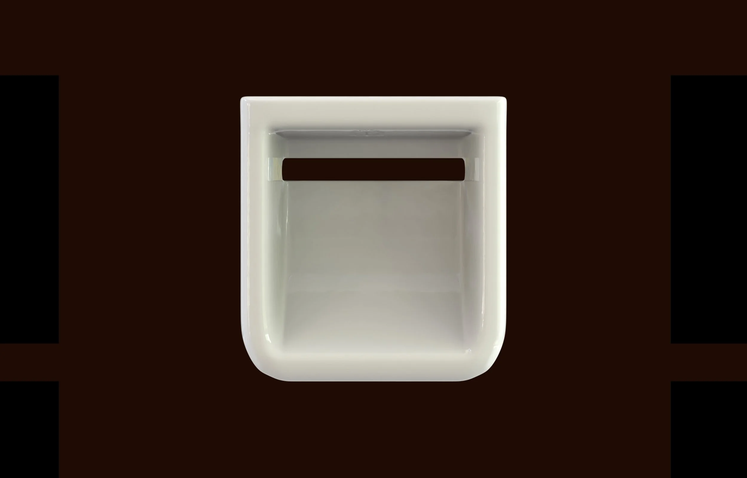 Empty white plastic tissue box holder against a dark brown background.