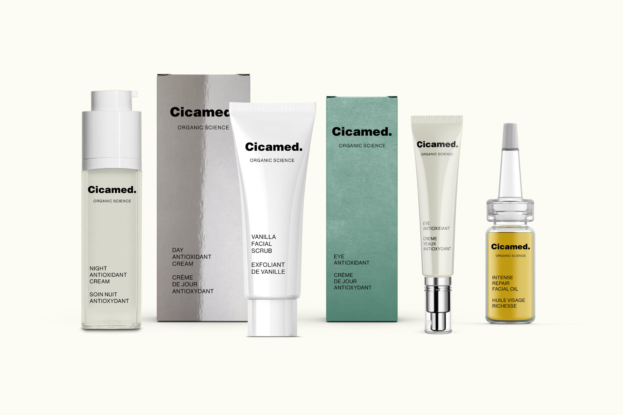 Collection of skincare products with packaging and boxes labeled from Sicamed, including night antioxidant cream, vanilla facial scrub, eye antioxidant cream, and facial oil against a light background.