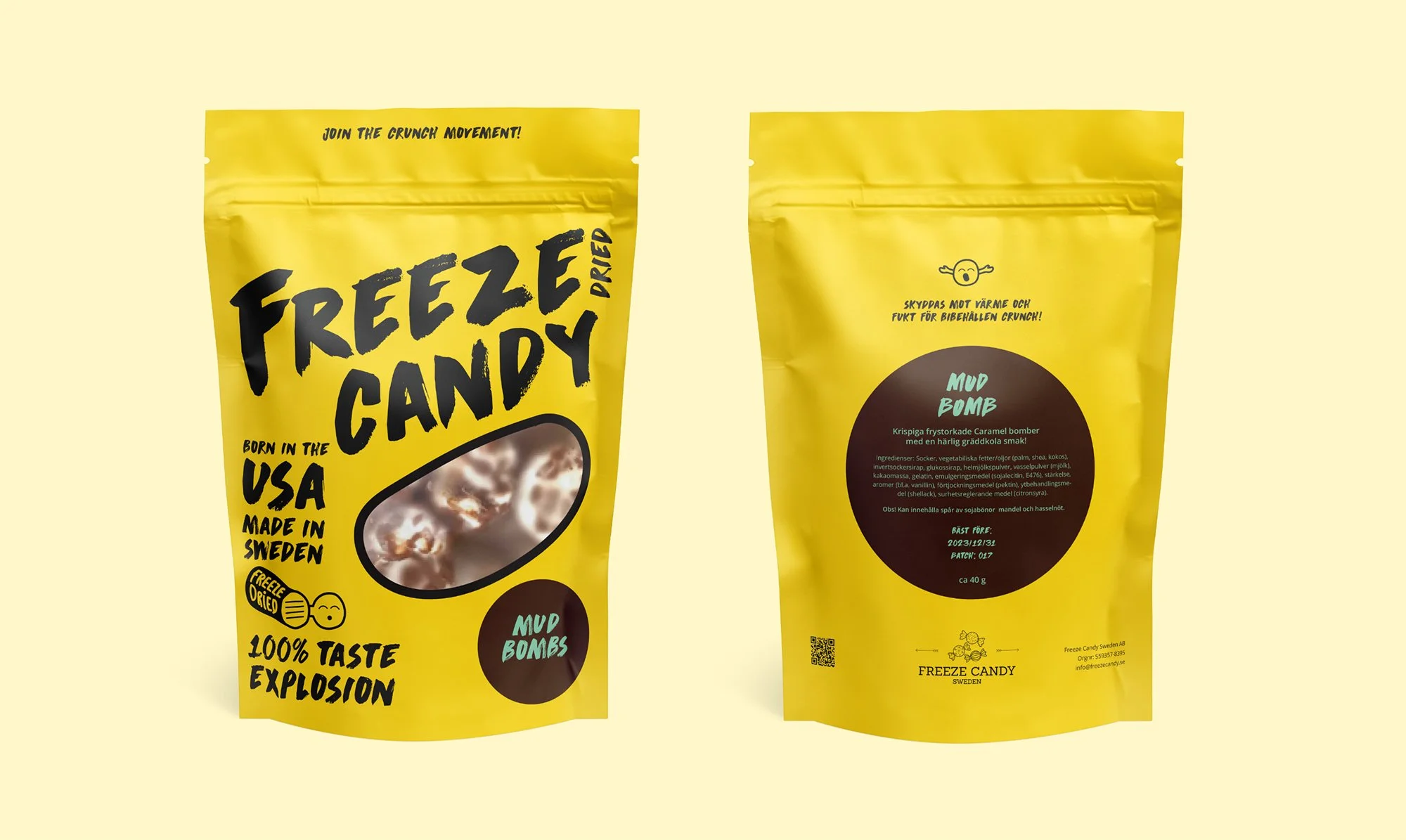 Bright yellow packaging of Freeze Candy brand mud bomb candies, featuring bold black text reading "Freeze Candy" and "Born in the USA, Made in Sweden," with a small circular label for "Mud Bombs." The back of the package has a circular label with product description, ingredients, expiration date, and a QR code, all on a yellow background.