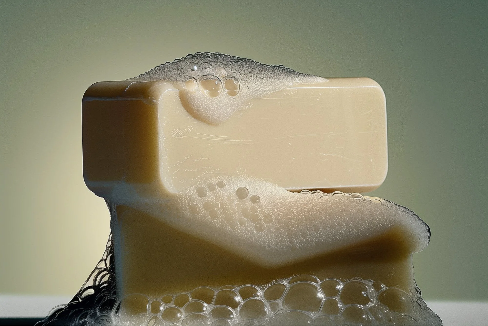 A bar of soap with bubbles and foam around it, set against a gradient background.