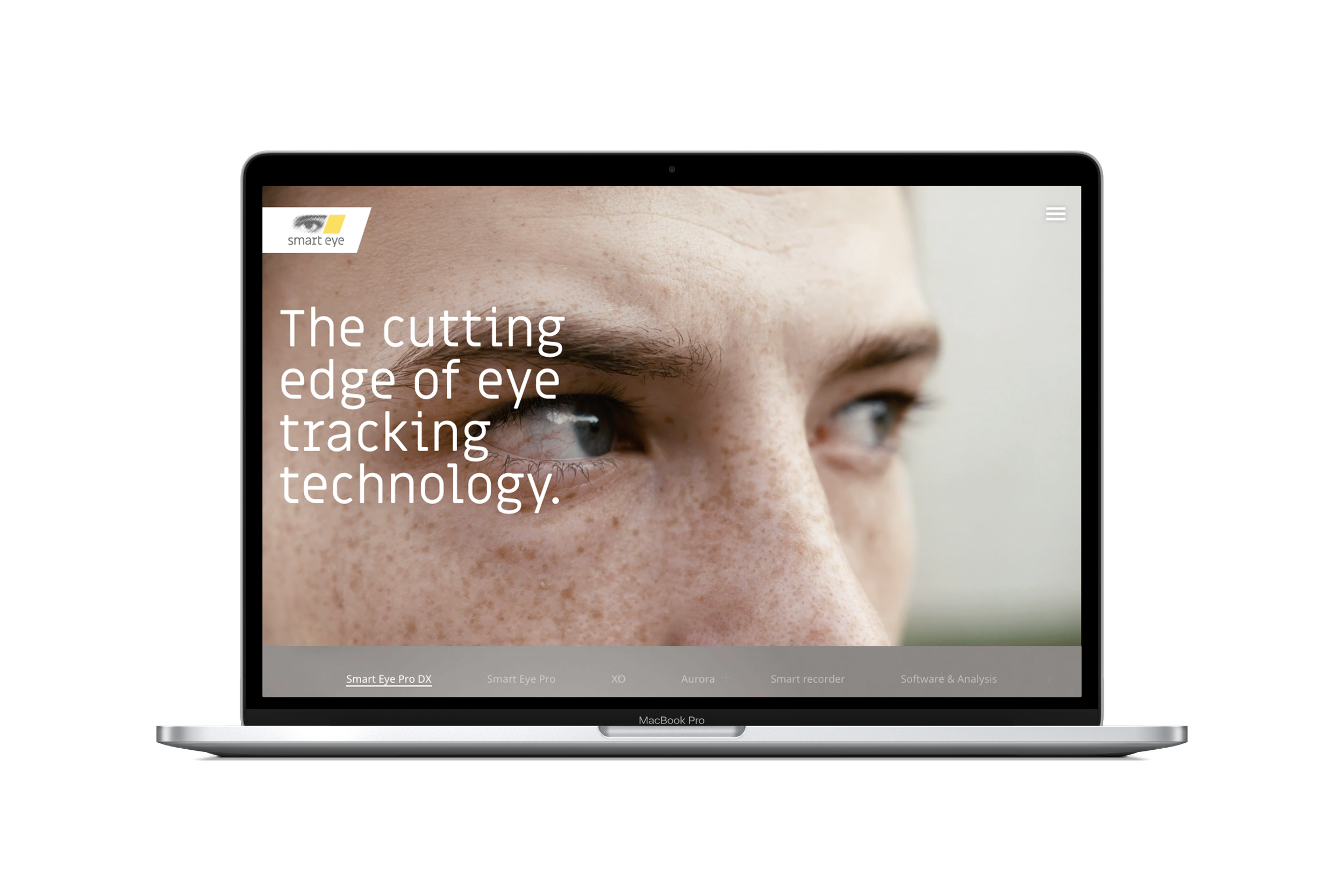 Laptop displaying a website for Smart Eye with a close-up of a person's eye and text that reads 'The cutting edge of eye tracking technology.'