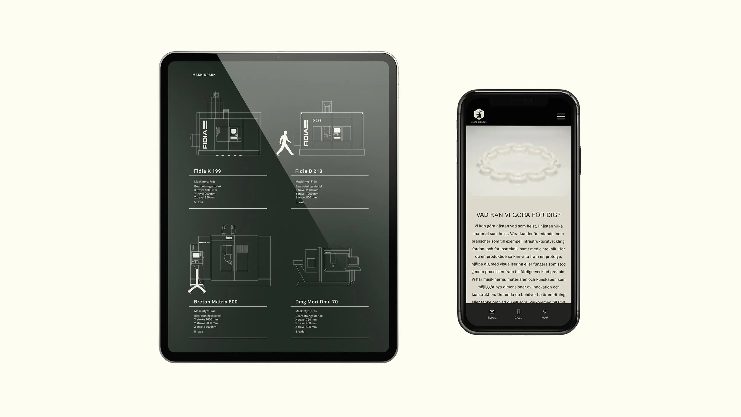A tablet displays technical diagrams and specifications of various machinery, and a smartphone shows a website with a product image and descriptive text in Swedish.