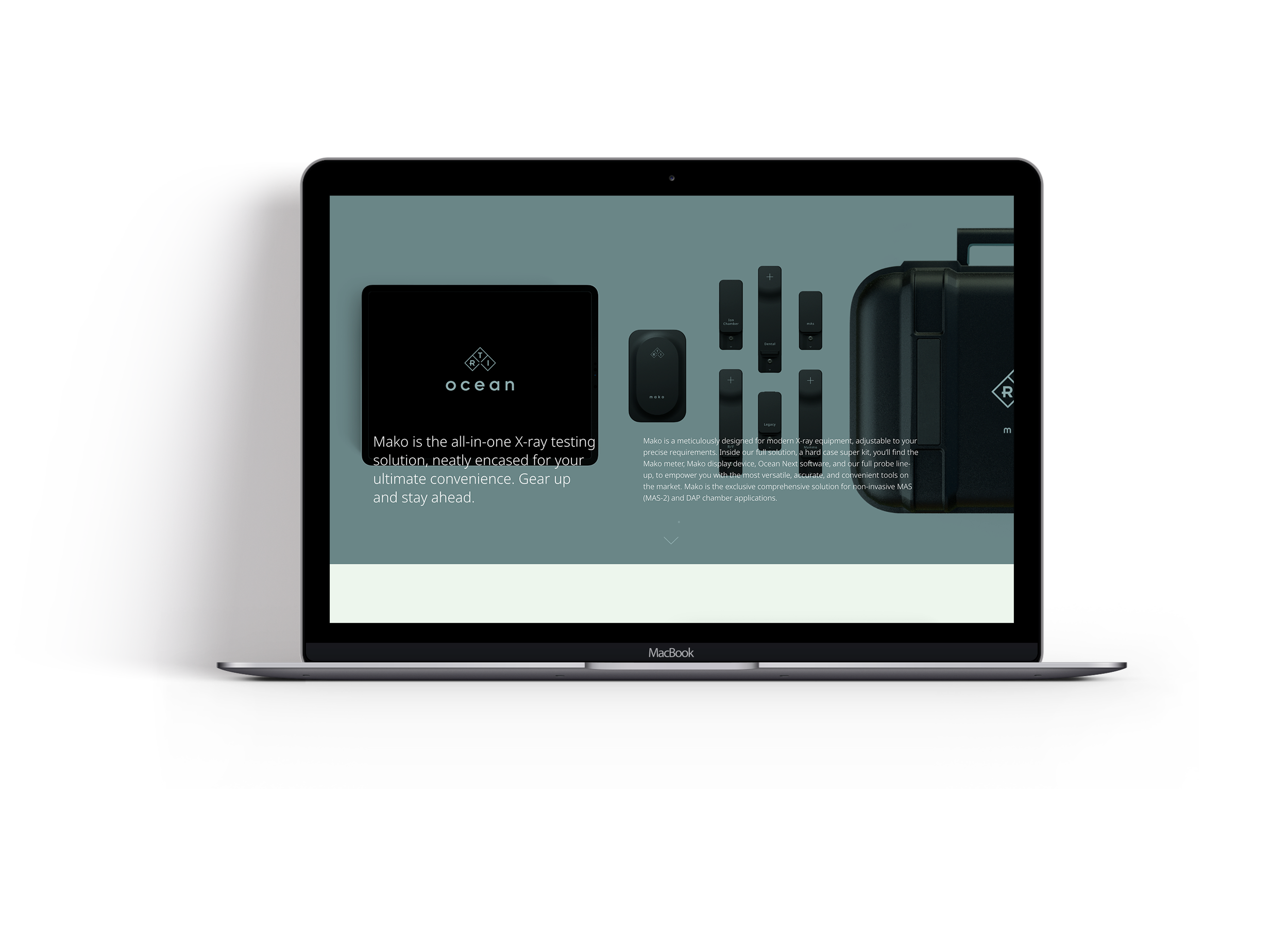 Laptop displaying a webpage about the Ocean Mako device, a compact X-ray testing solution, next to a large gray and white object.