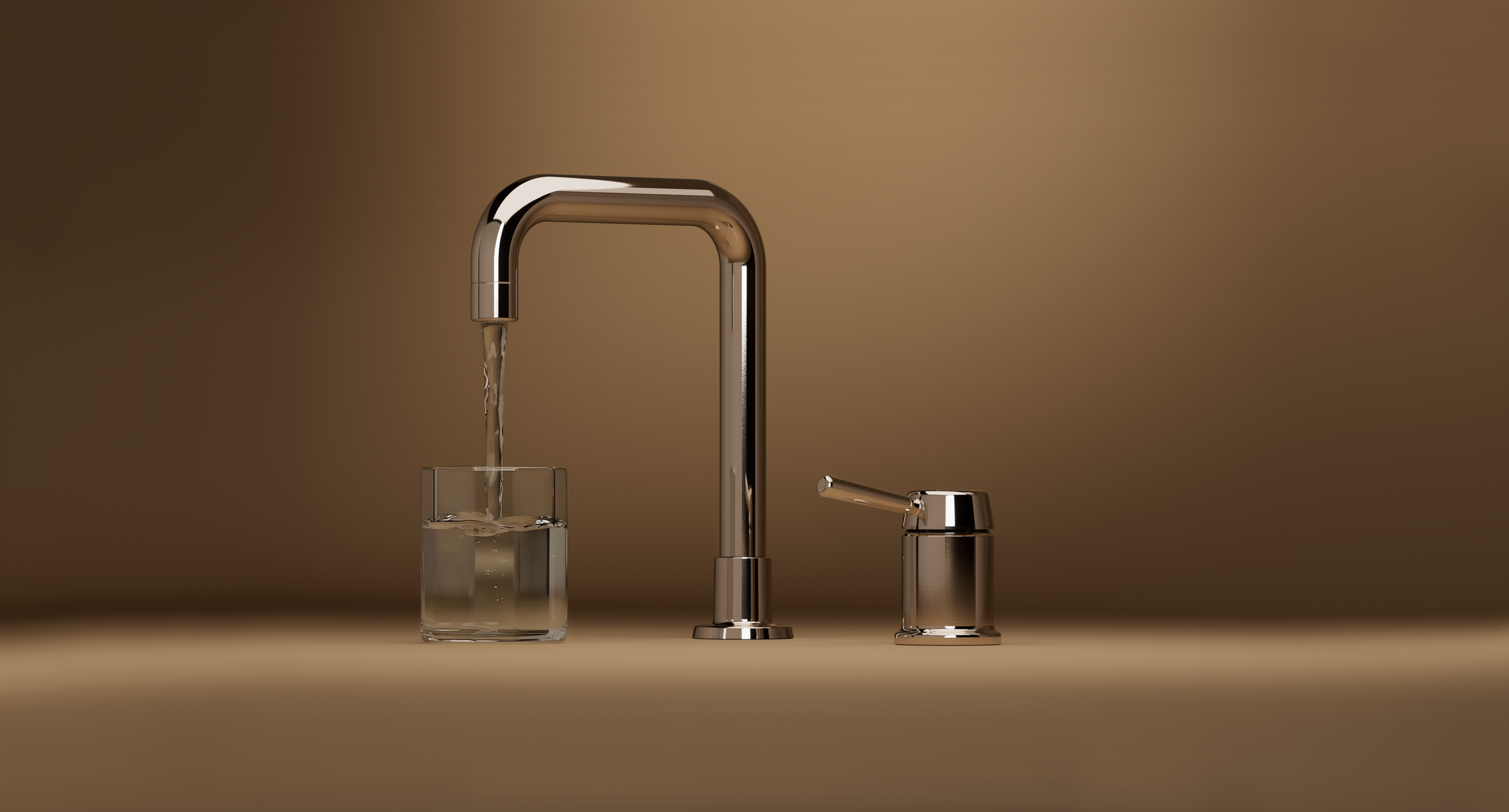 Modern kitchen faucet with a glass of water under the running stream, against a warm beige background.