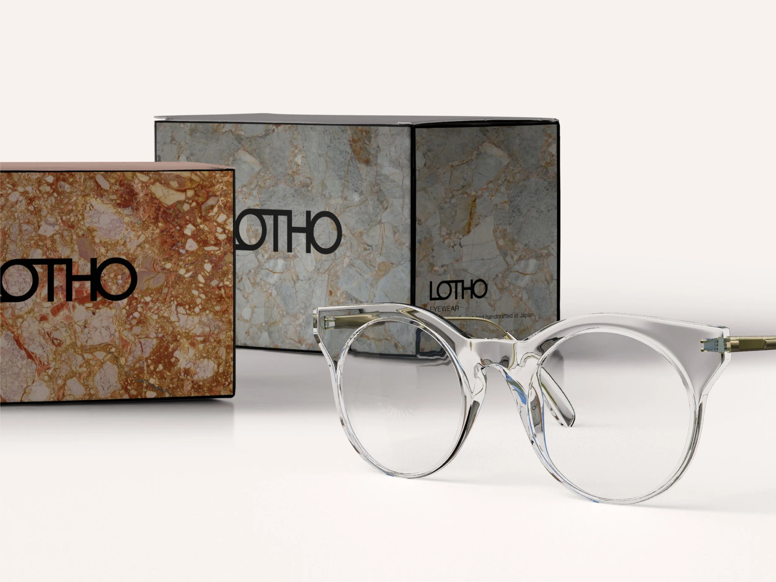 A pair of transparent eyeglasses next to two marble-patterned boxes labeled 'LOTHO EYewear'.