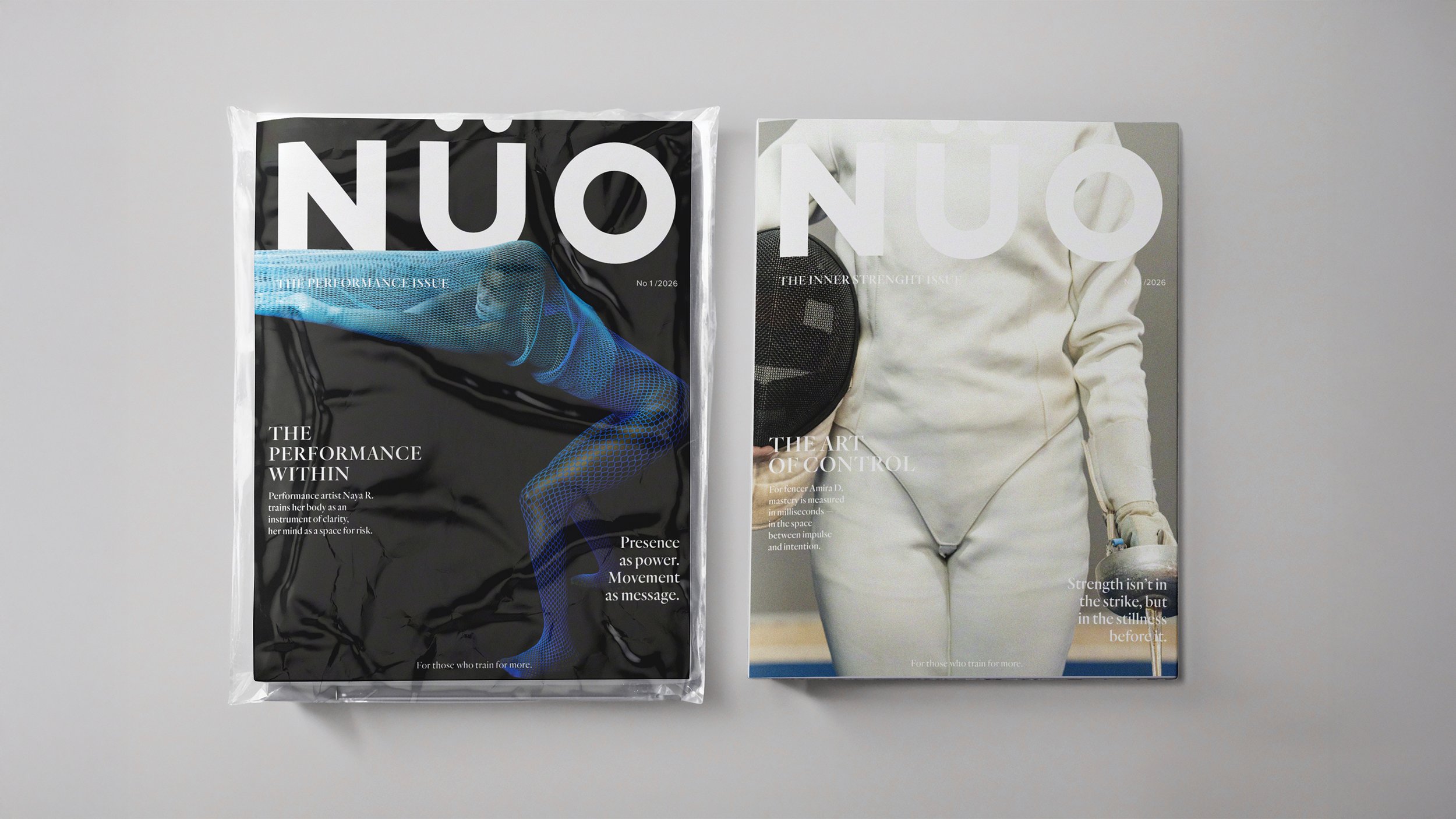 Two magazine covers placed side by side on a light-colored surface. The left cover features a blue athletic shoe and a running leg on a black background with white text, titled 'NÜO'. The right cover shows a person in white athletic gear holding a dumbbell, with the text 'NÜO' at the top and additional text about strength and control.