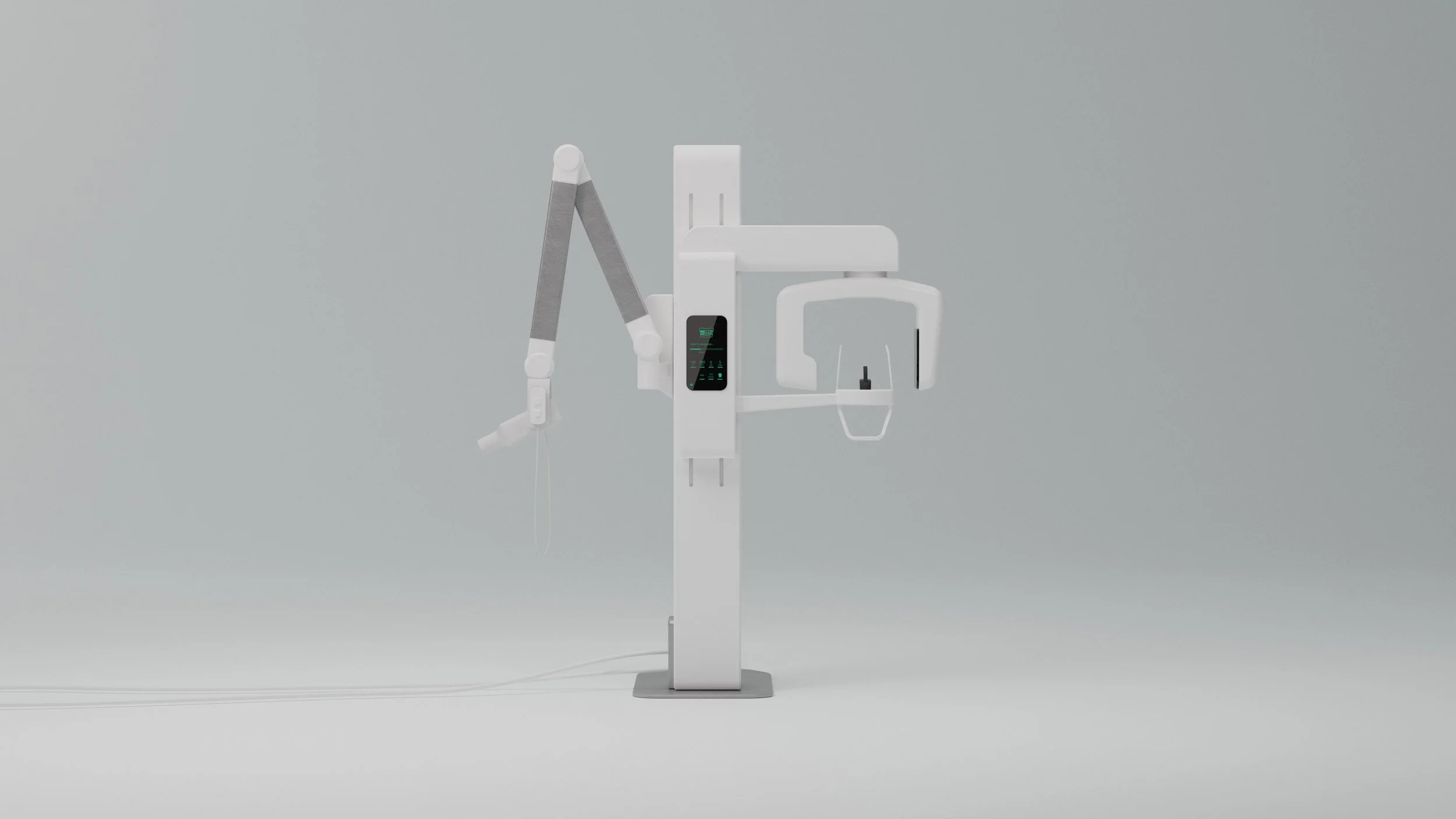 A medical imaging machine used for dental X-rays, featuring a white frame, a control panel, and an adjustable arm with a sensor or X-ray tube.