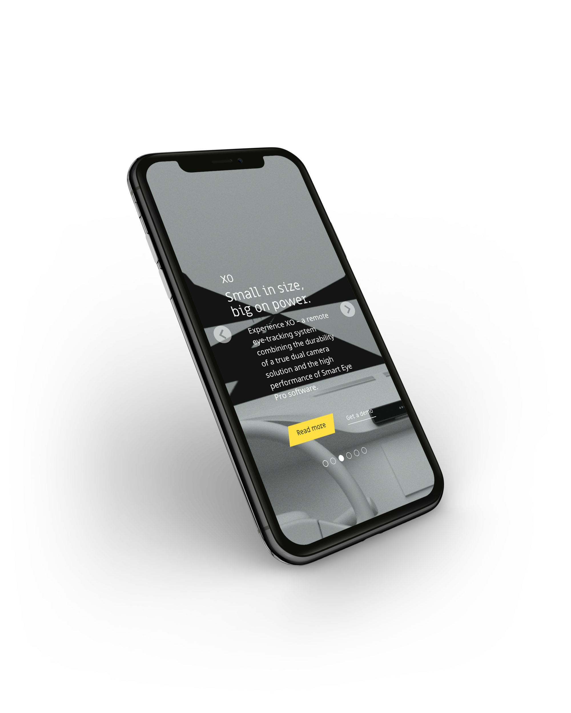 Smartphone displaying a webpage about the Experience XO, a remote eye-tracking system, with a yellow 'Read more' button.