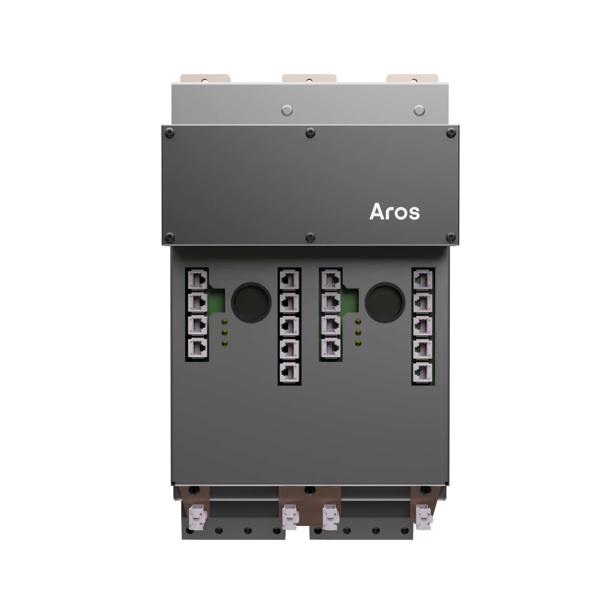 Electrical equipment with multiple terminal connections, labeled 'Aros', set against a black background.