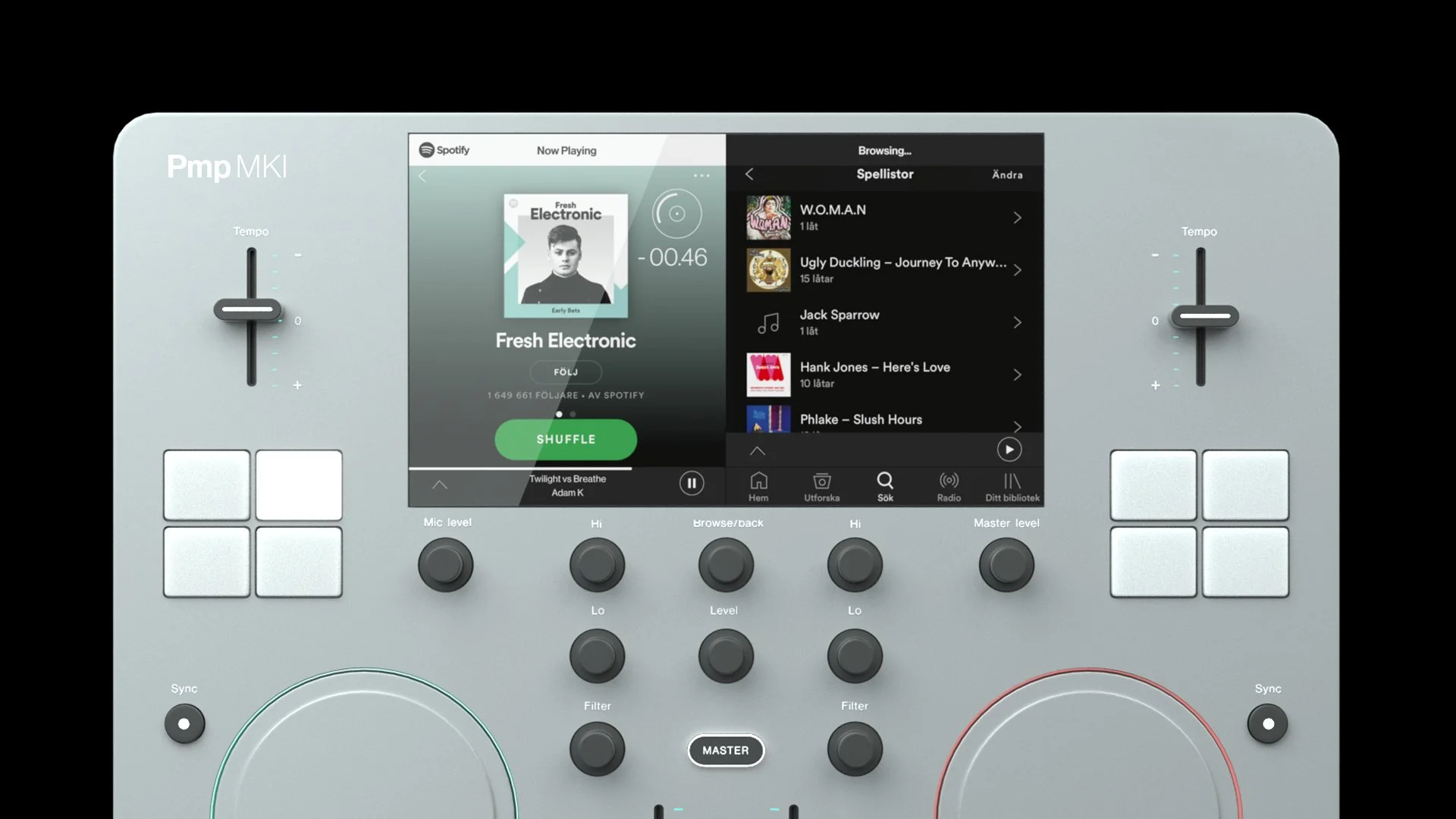 A DJ controller with a built-in screen displaying Spotify music app playing "Fresh Electronic" playlist, with song details, shuffle button, and various control knobs and pads.