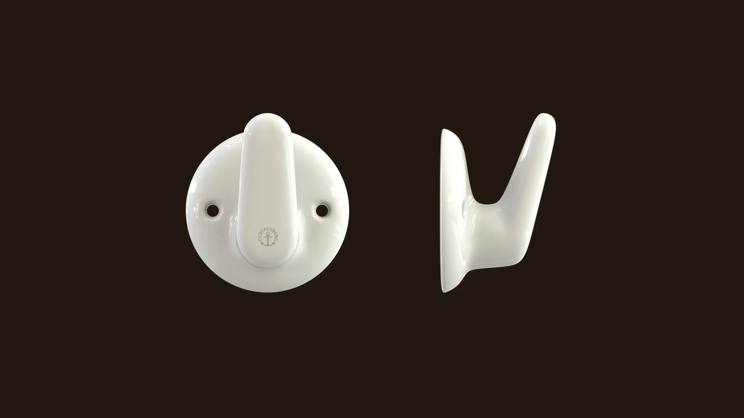 White plastic wall-mounted coat hook shaped like a face with a nose and eyes, with a hook extending from the face to hang items, against a dark background.