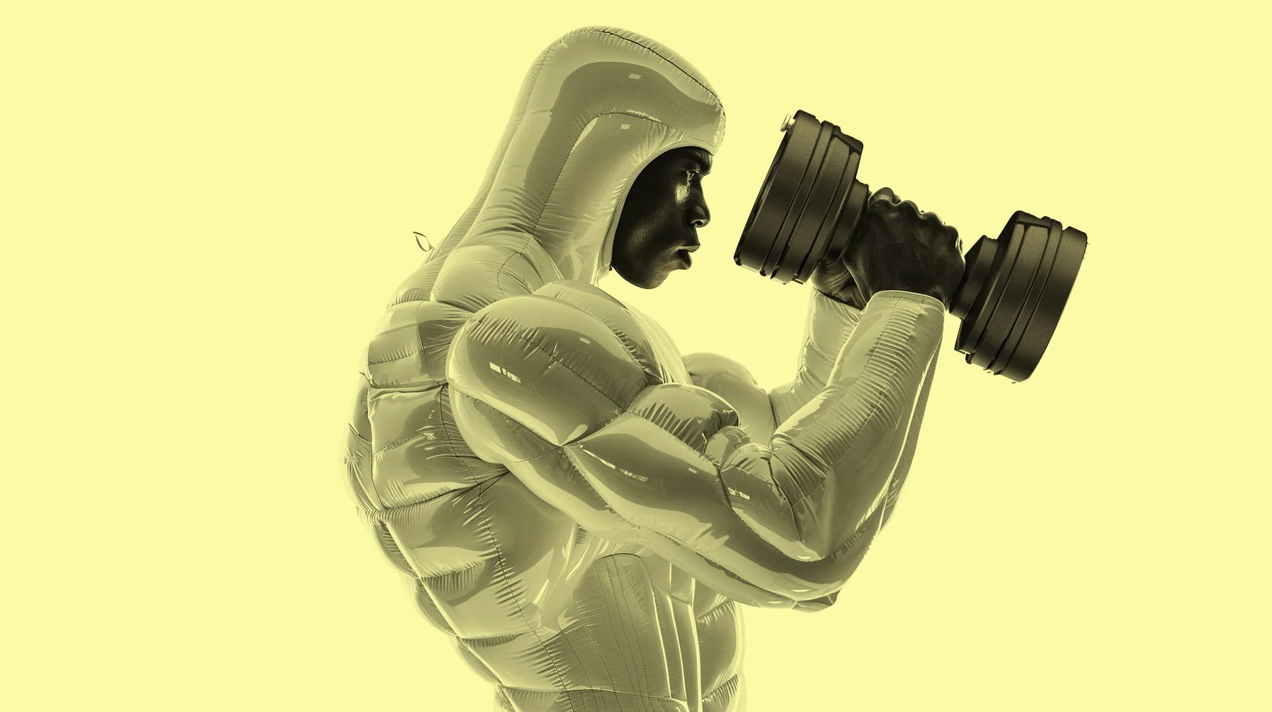 A person in a shiny, inflatable muscle suit lifting a dumbbell.