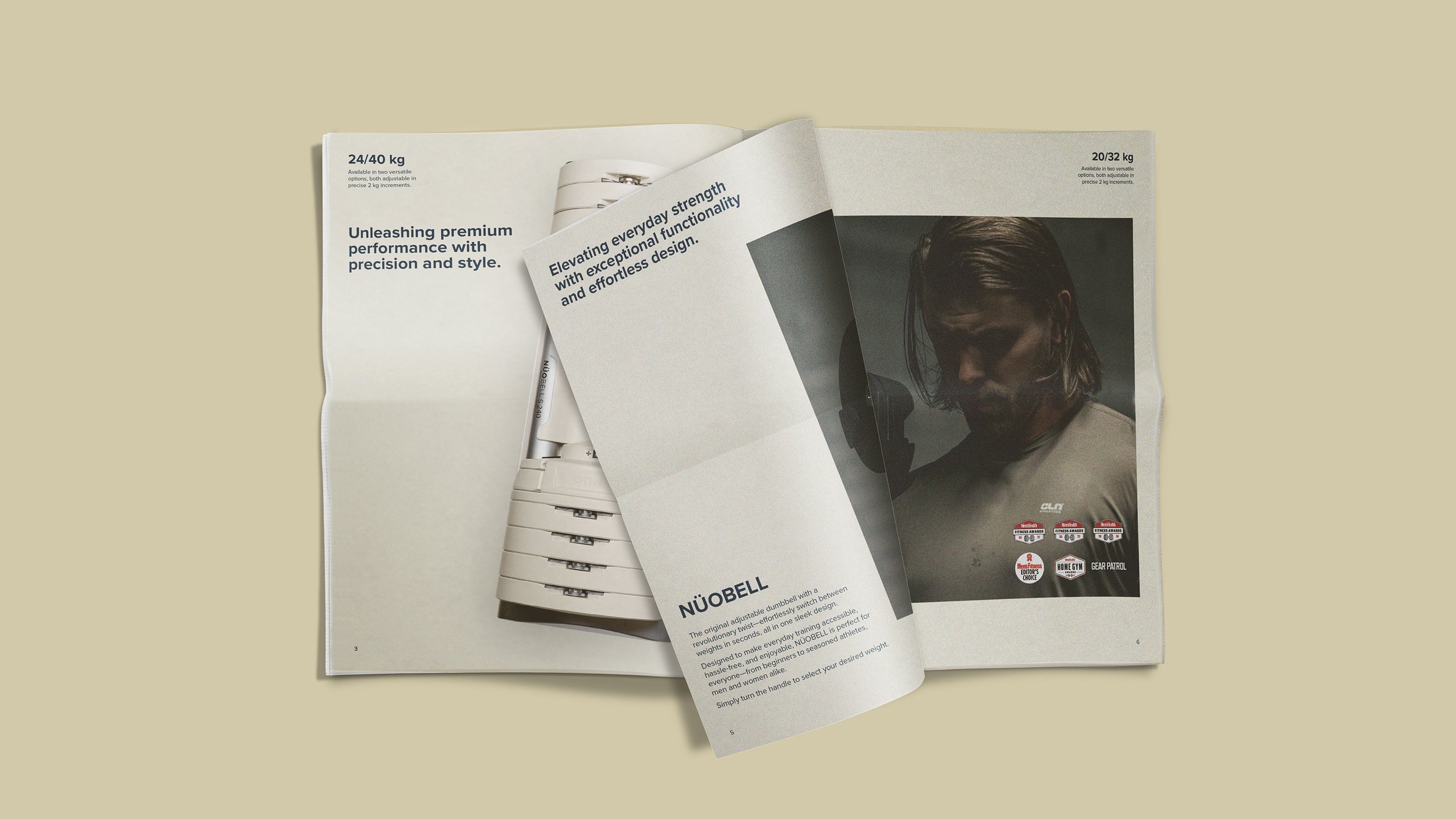 Open magazine on a beige surface, featuring pages with a fitness product advertisement and a portrait of a man with wet hair.