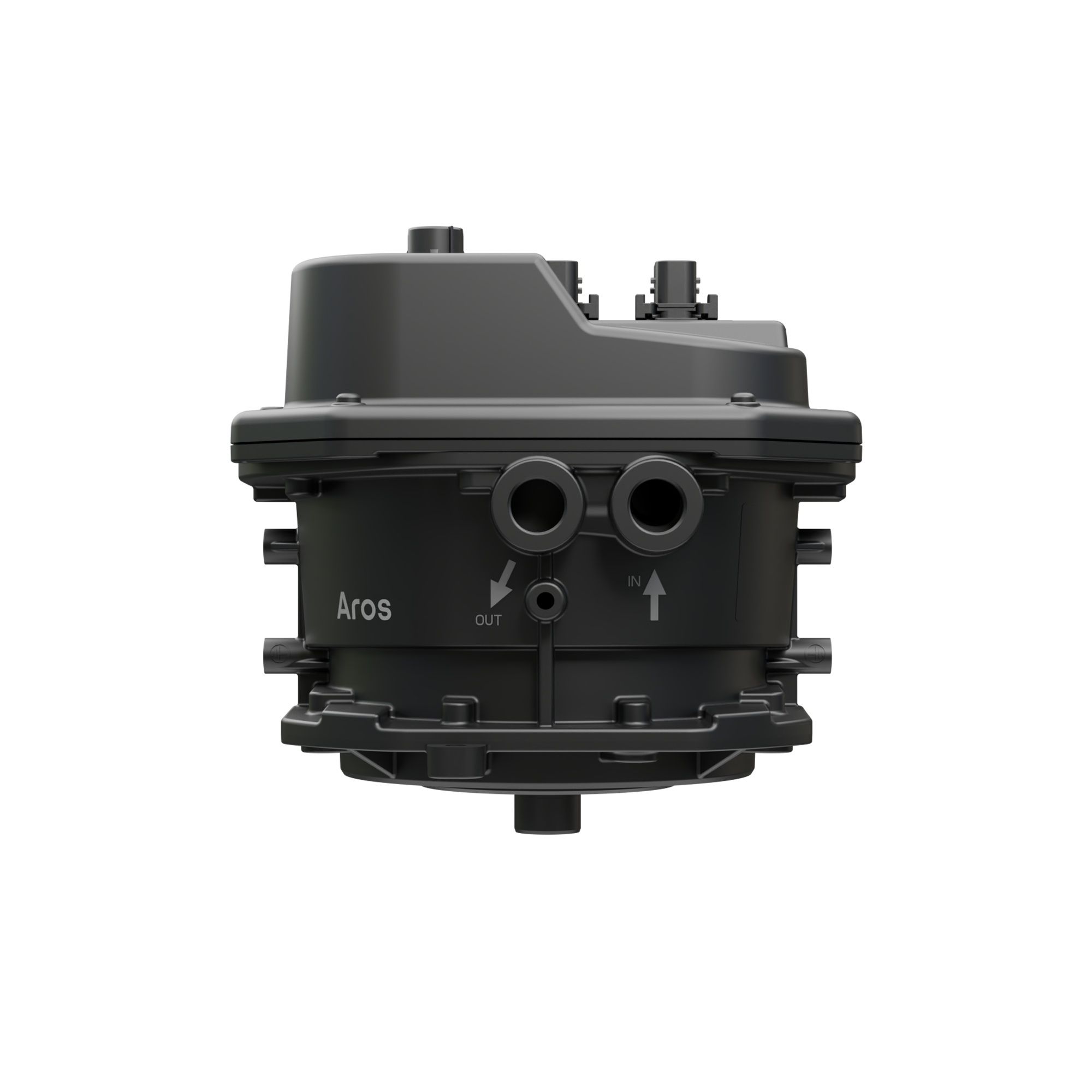 Close-up view of a black electrical component with labeled connections, showing two circular ports, with ‘OUT’ and ‘IN’ arrows, and the brand name ‘Aros’ on the side.