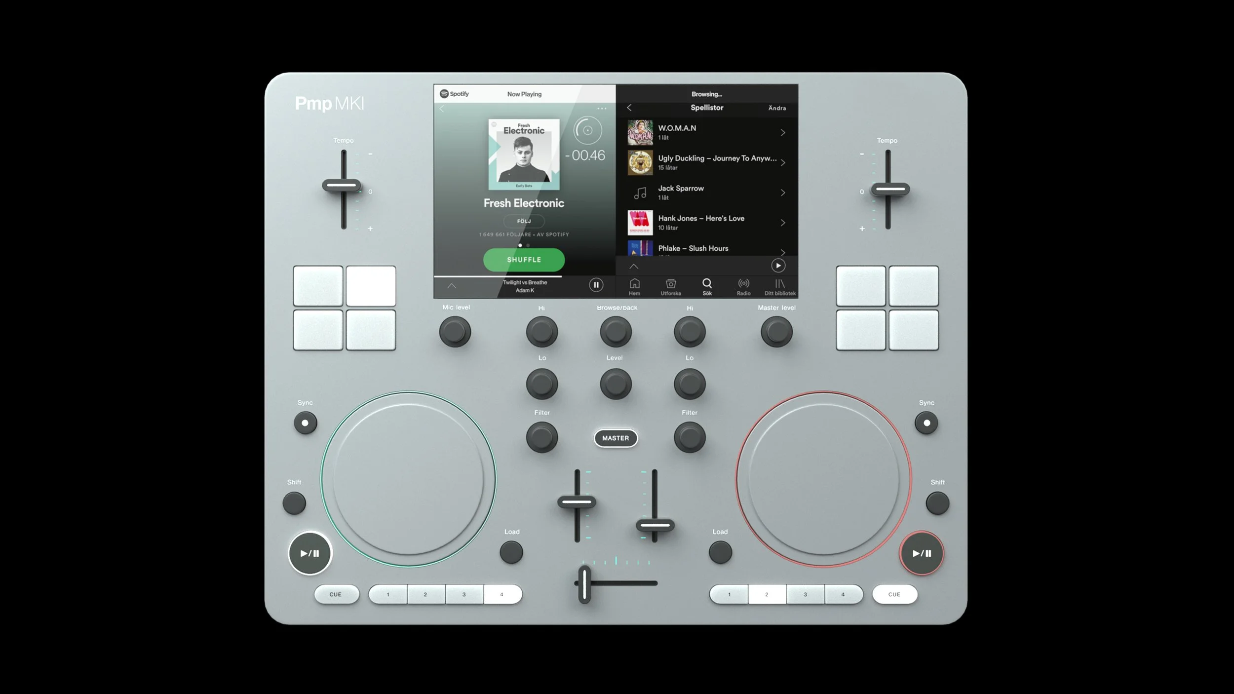 Digital DJ controller with a touchscreen display showing Spotify music app, and various control knobs, buttons, and jog wheels on a black background.