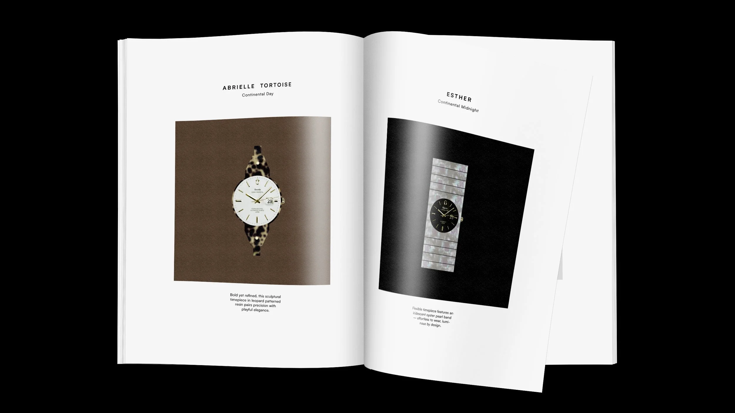 Open magazine featuring two pages with wristwatch designs; left page shows a leopard-patterned watch with white face, right page shows a watch with a band of reflective iridescent tiles and a black face.