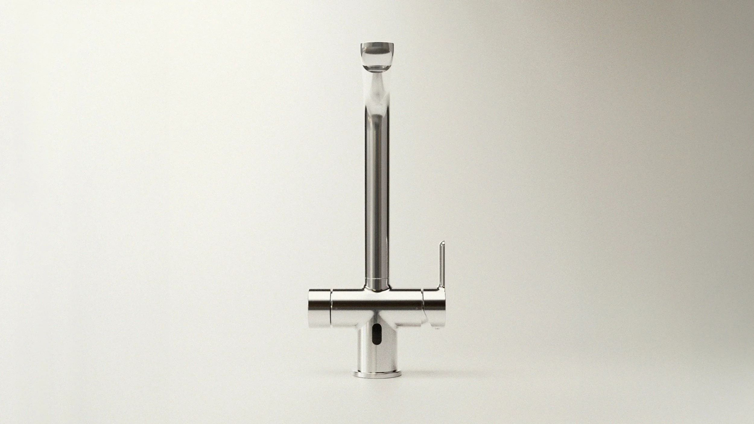 Modern metallic faucet with a transparent glass on top, set against a plain white background.
