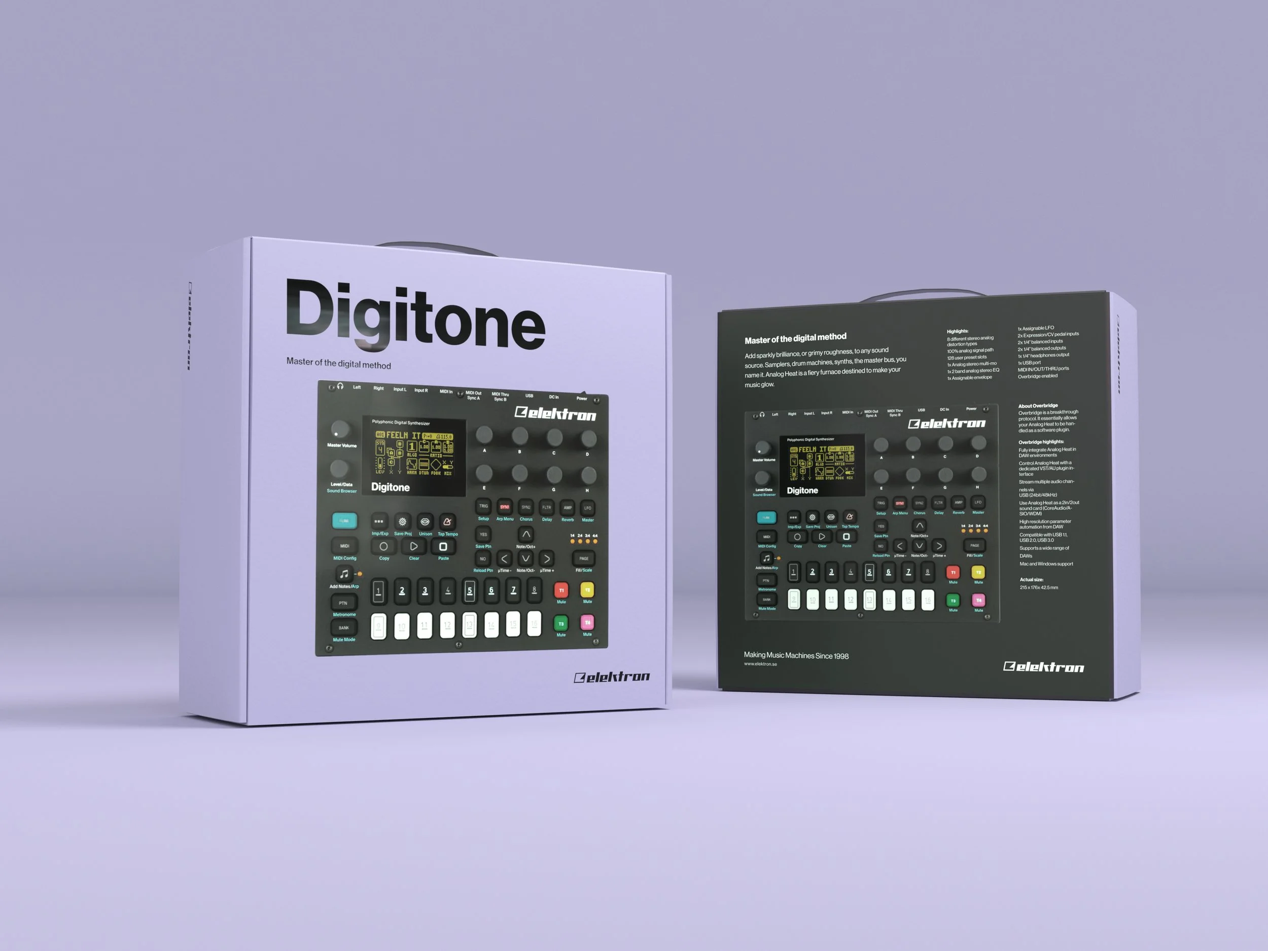 Two Elektron Digitone music synthesizer boxes, one showing the front view with controls, the other showing the back view, placed on a light purple surface against a light purple background.