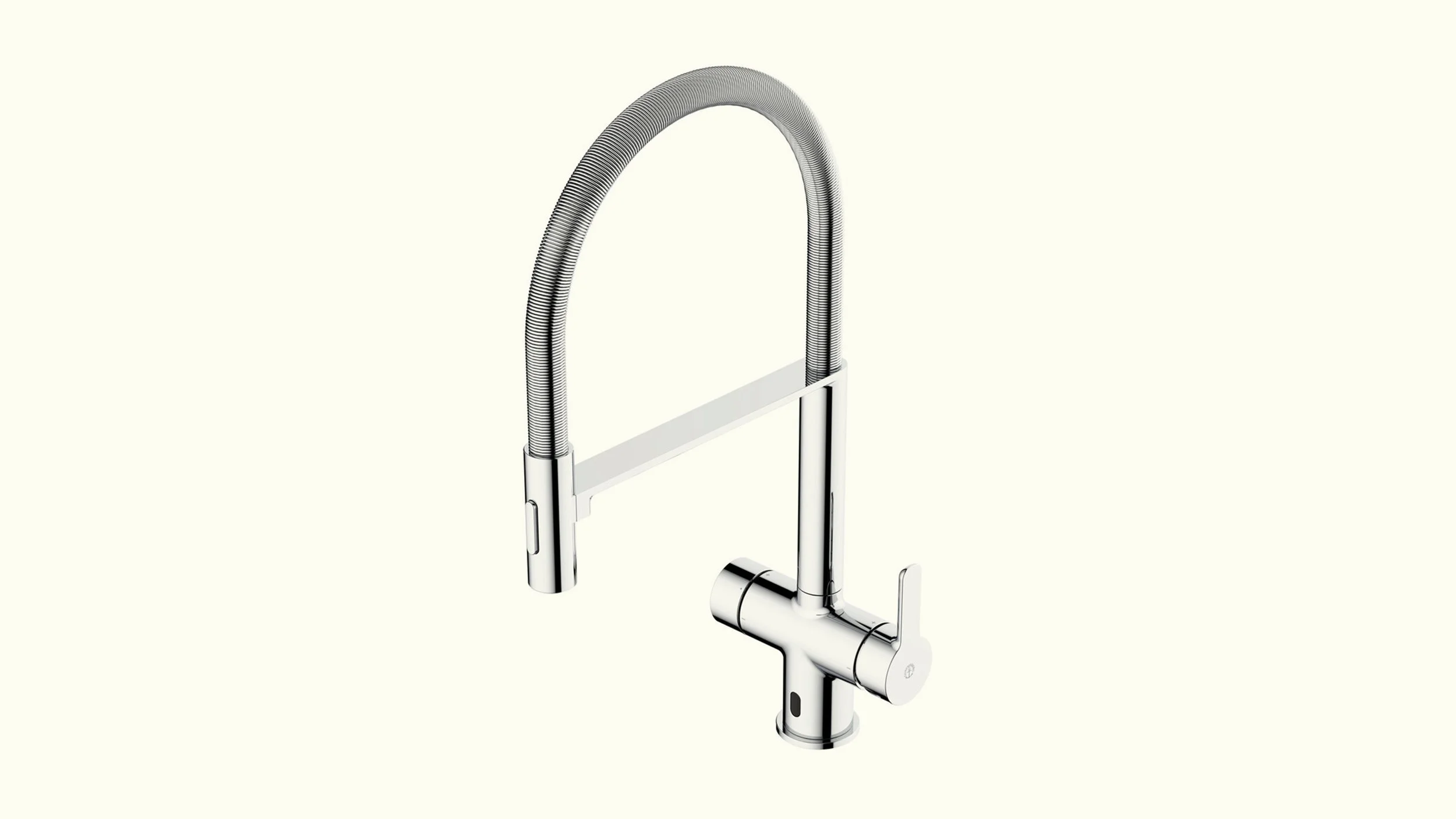 Sleek, modern silver kitchen faucet with a high, curved spout and a single handle, mounted on a white background.