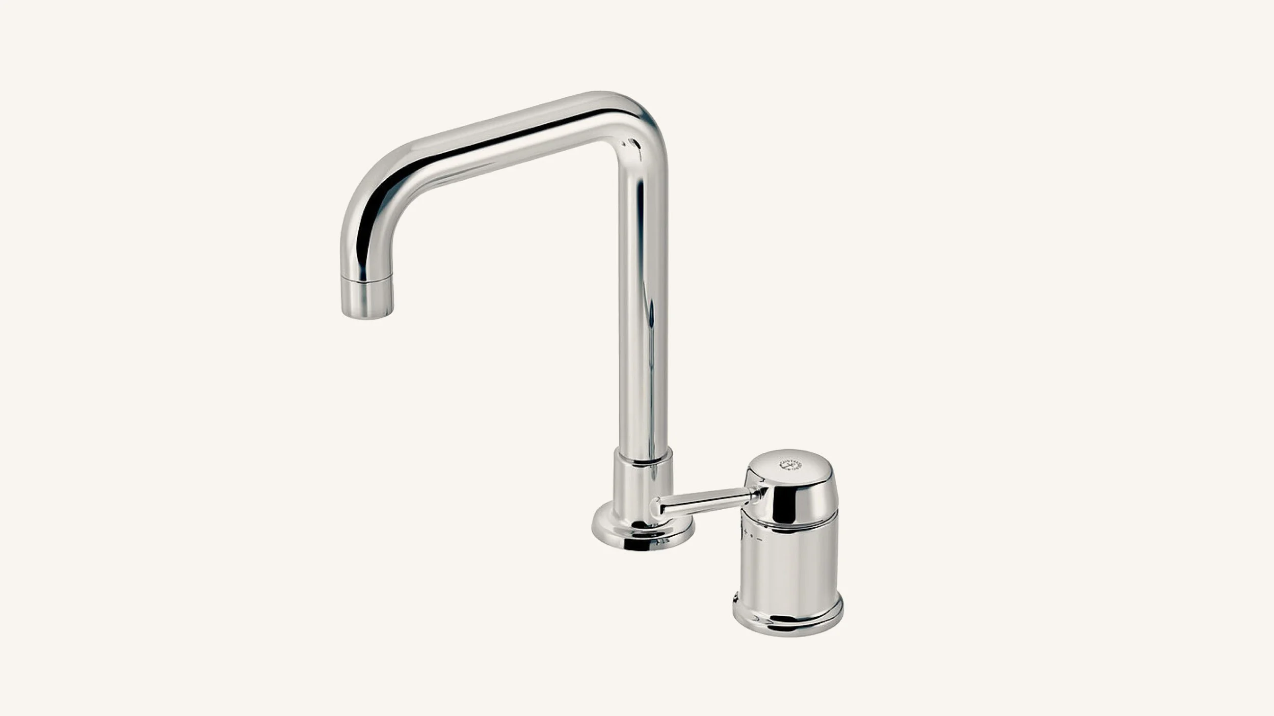 Silver kitchen faucet with a curved spout and single lever handle against a plain off-white background.