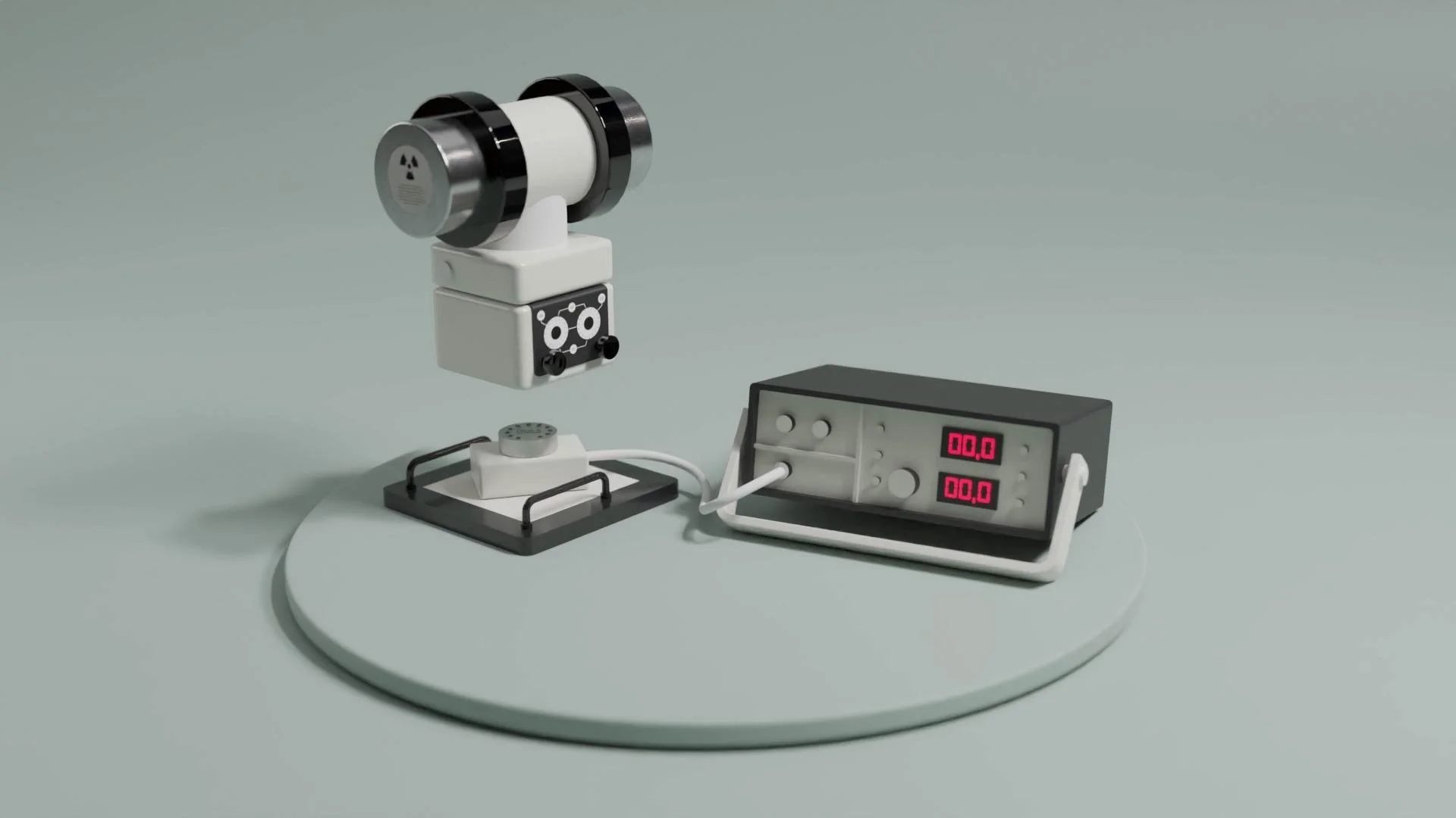 A toy robot with a cylindrical head and a control box connected by a cord, set on a round white surface.