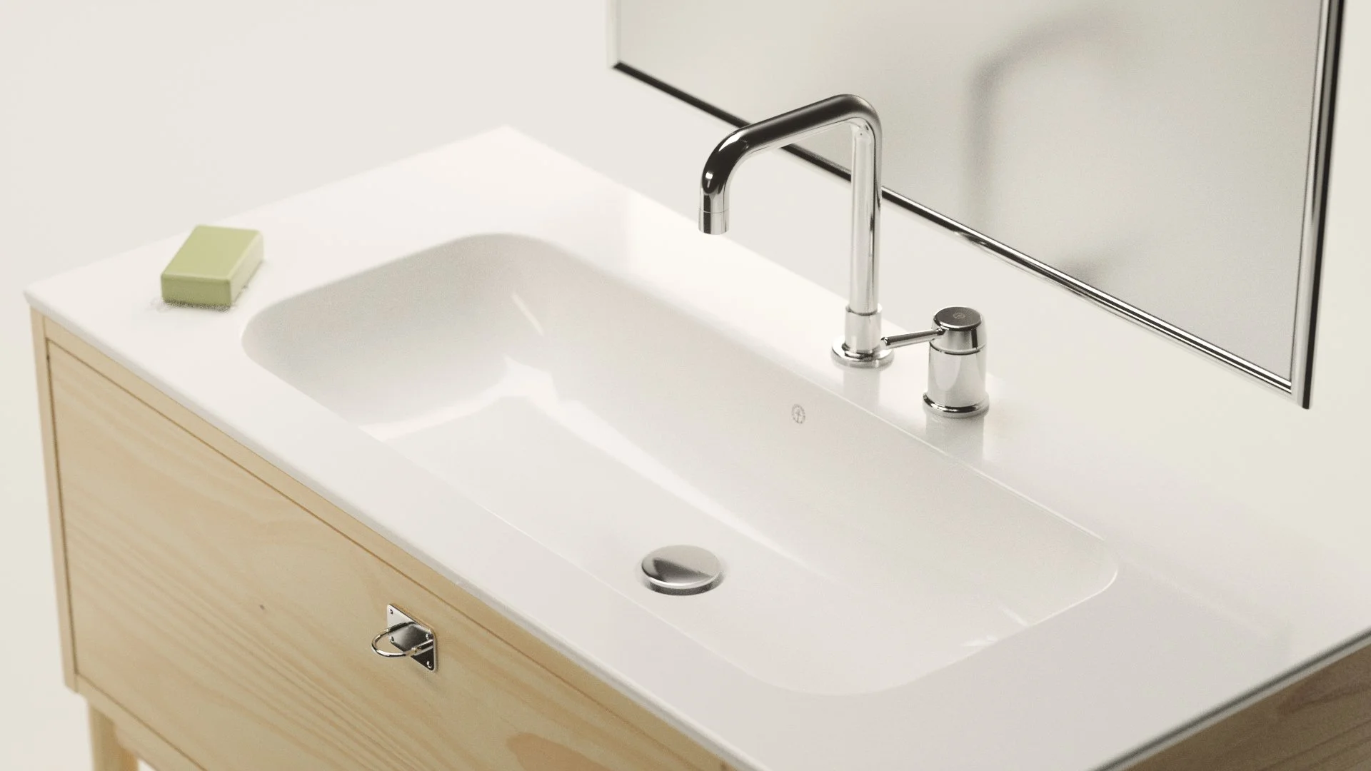 A white bathroom sink with a silver faucet, a soap bar on the left, and a mirror above the sink.