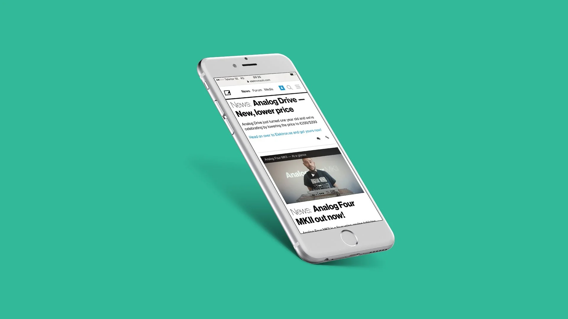 An iPhone displaying a news website about music equipment, with headlines about Analog Drive and MKII, against a solid teal background.