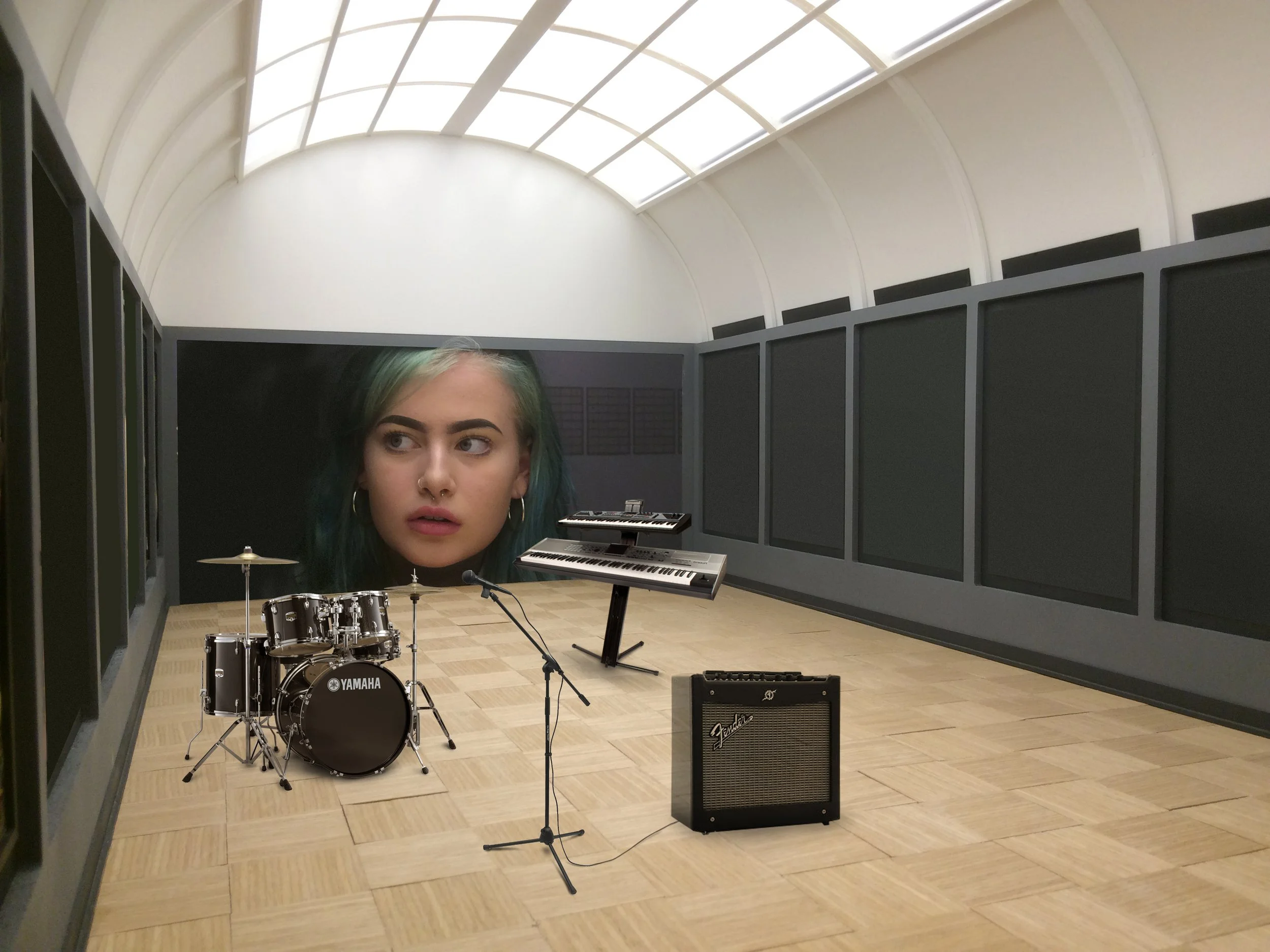 Empty music rehearsal space with a drum set, keyboard, and amplifier, and a large photo of a woman's face on the back wall.