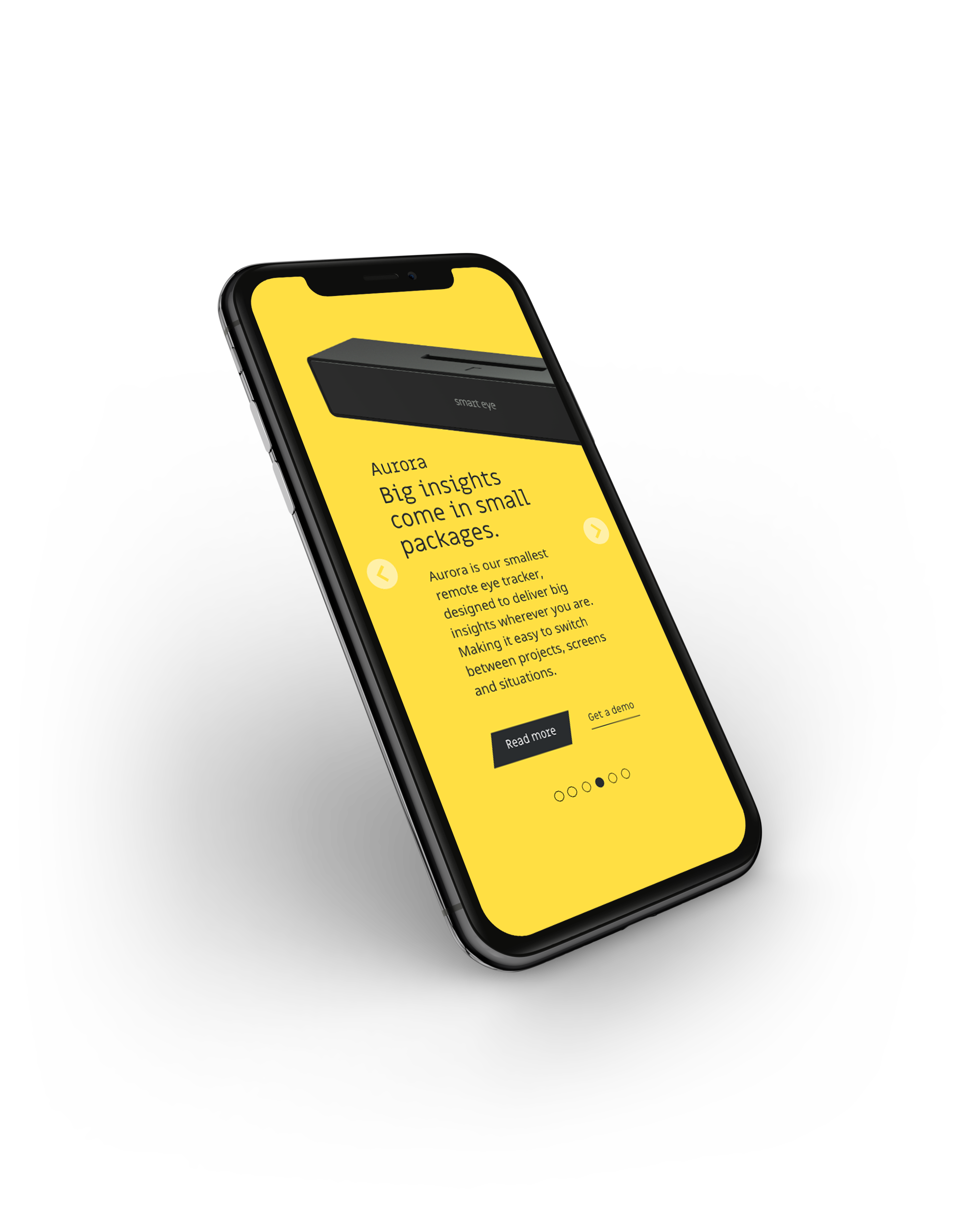 Smartphone displaying a website with a yellow background, black text, and an image of a remote eye tracker device.
