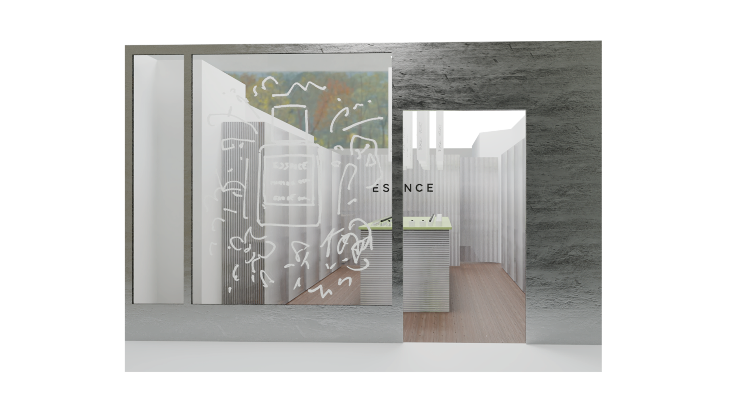 Interior of a modern store with a glass front and minimalist design, featuring a reception desk, white vertical slats, and the word 'ESSENCE' on the back wall. There is an illustration of skincare products on the glass.
