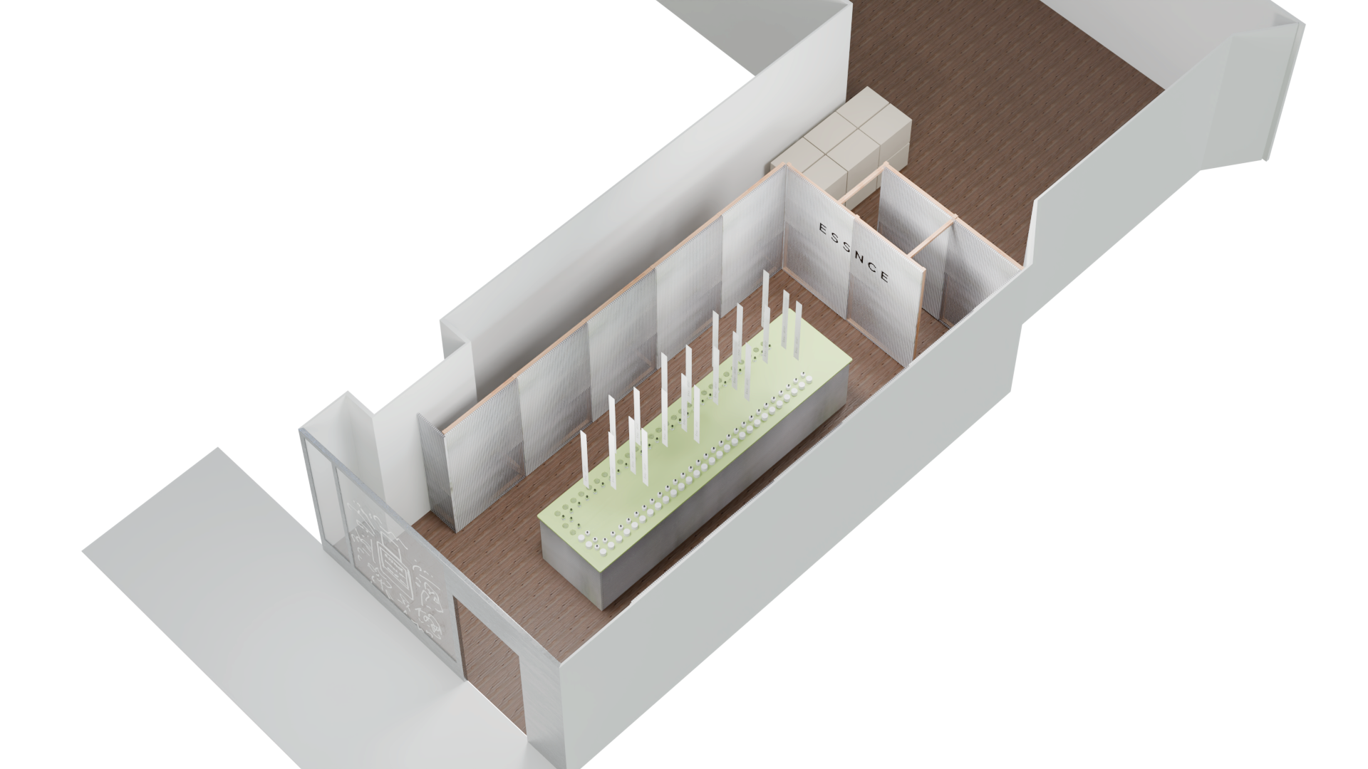 3D rendering of an interior space with white walls and wooden flooring, featuring a display table with vertical poles and small objects, a designated area marked 'ESSENCE', and separated partitions.