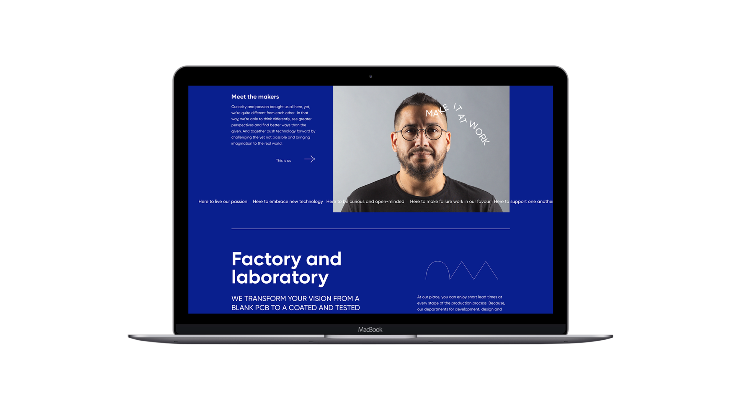 A MacBook laptop displaying a website with a man wearing glasses and a black shirt, with text about factory and laboratory services and a blue and gray design.