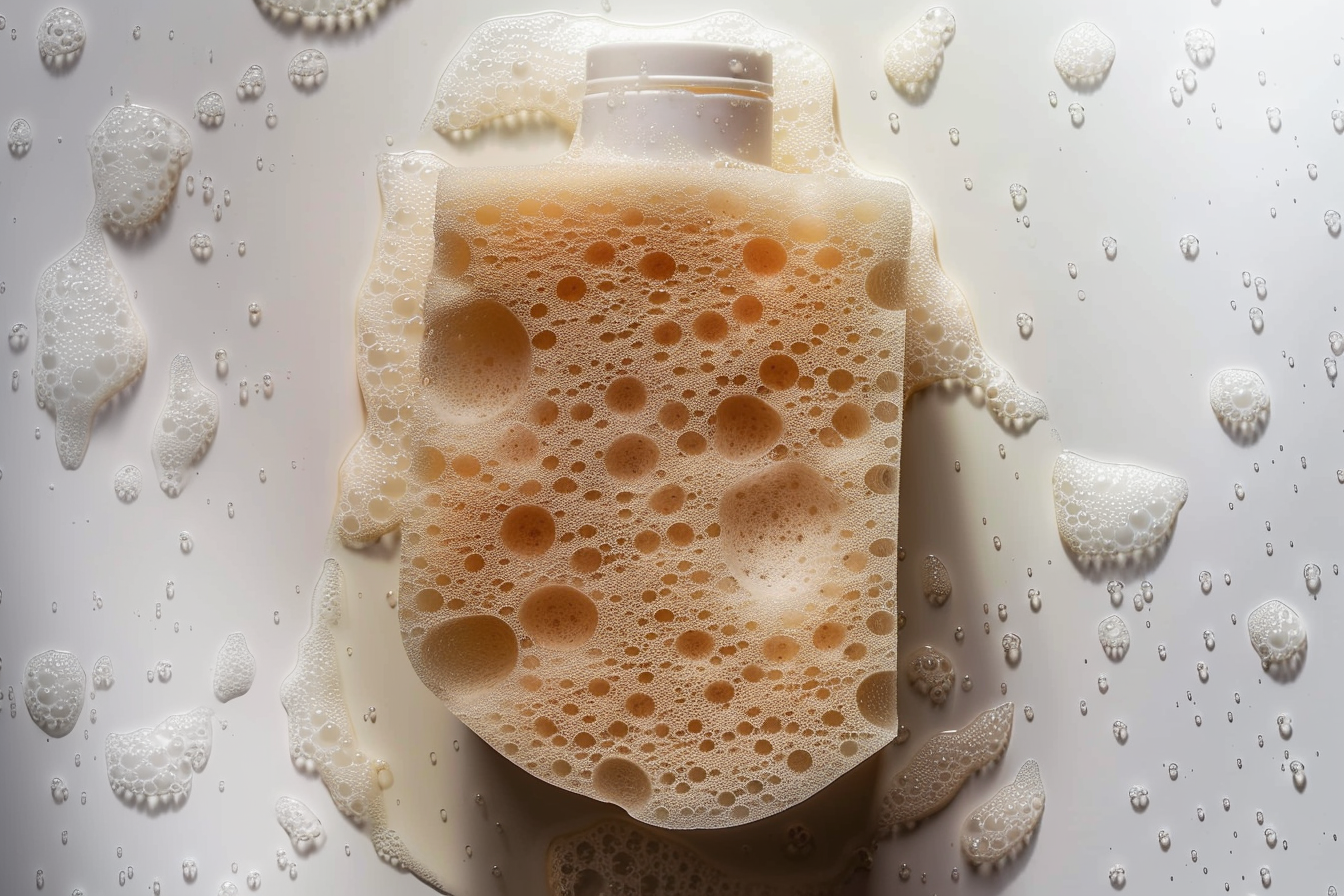 A face mask with foam bubbles lying on a wet surface with scattered soap suds.