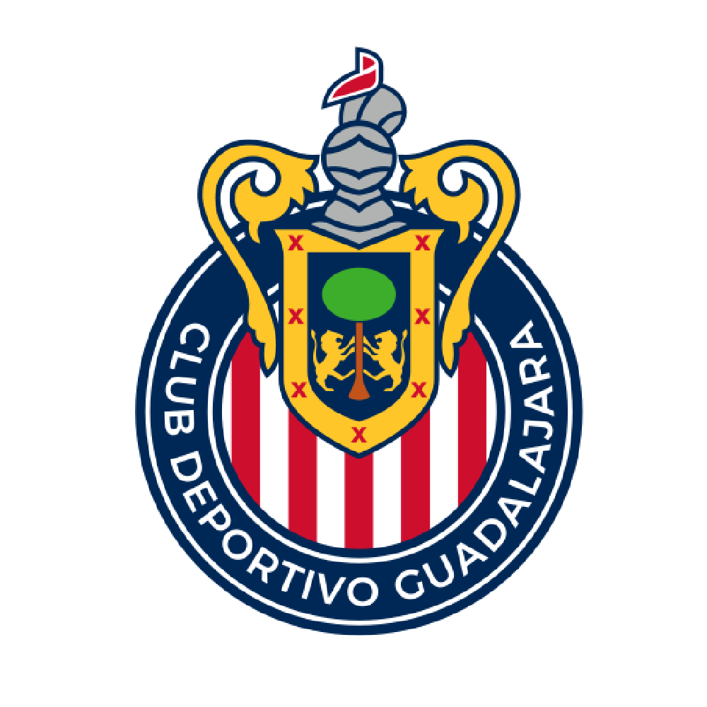 Logo of Club Deportivo Guadalajara, featuring a knight's helmet, shield with a green circle and golden lions, a red and white striped background, and text around the perimeter.