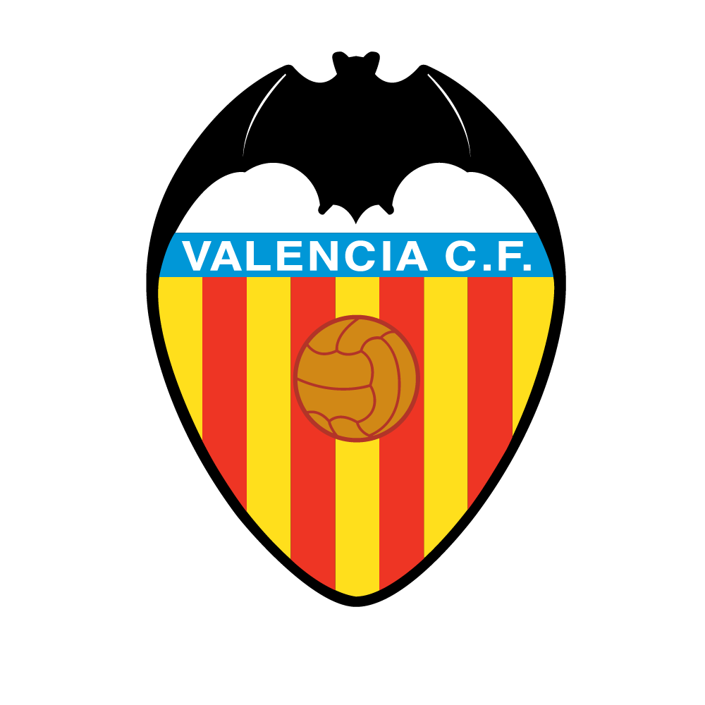 The Valencia C.F. football club logo, featuring a black bat, blue and white stripes, red and yellow vertical stripes, and a brown football in the center.
