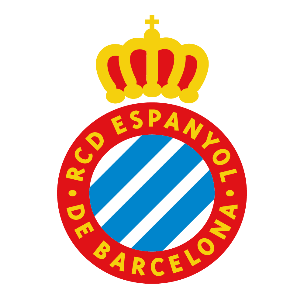 Emblem featuring a crown on top, a red circular border with yellow text reading "R.C.D ESPANYOL DE BARCELONA," and a blue and white striped shield in the center.