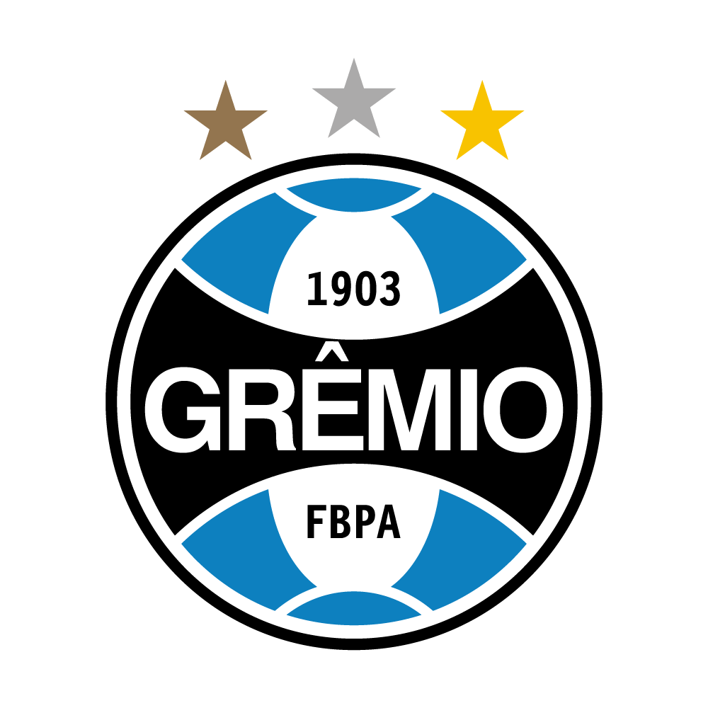 Club badge of Grêmio football club featuring a black background, a soccer ball with blue, white, and black sections, surrounded by three stars in gold, silver, and bronze, with the founding year 1903 and the words "GRÊMIO" and "FBPA".