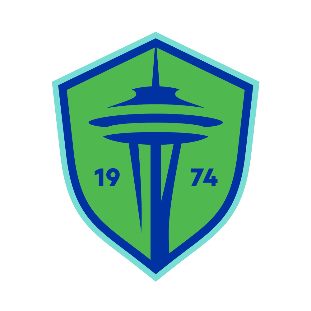 Seattle Seahawks logo featuring a stylized spaceship figure inside a shield with '1974' on each side, green and blue colors.