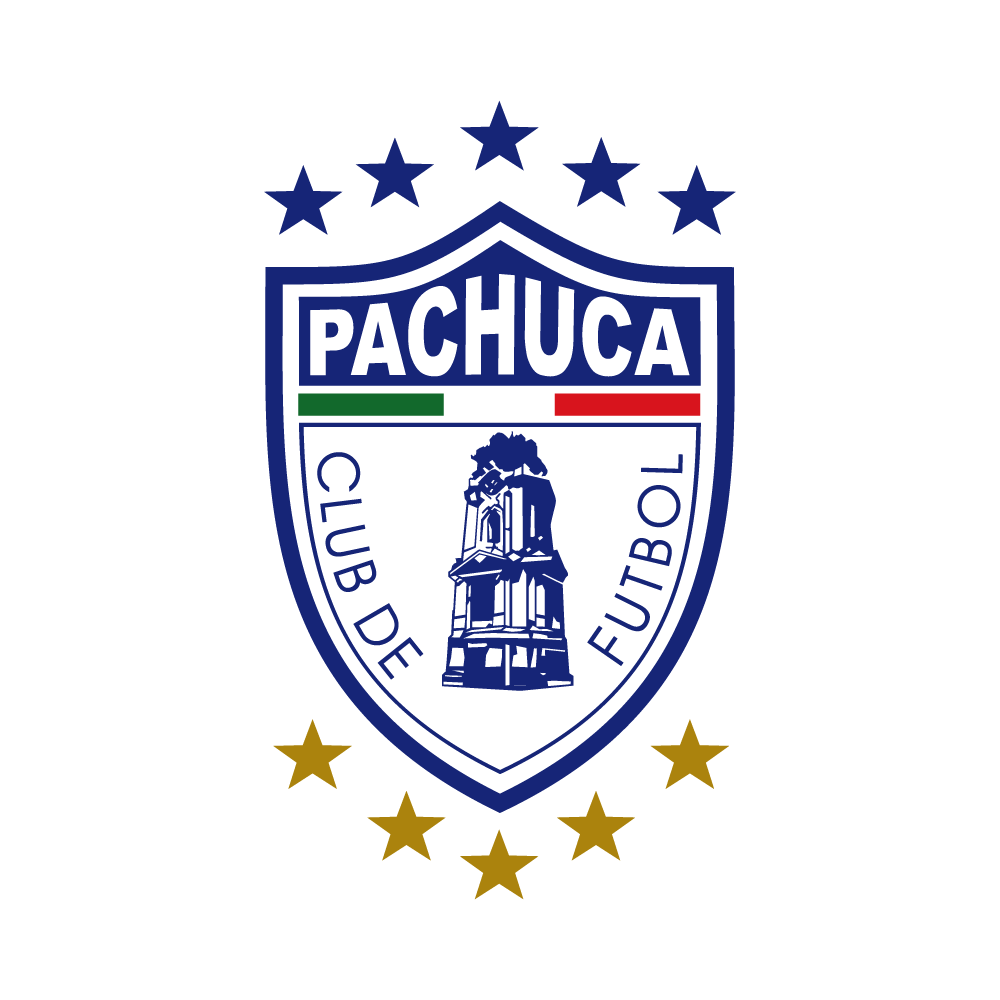 Pachuca Club de Futbol emblem featuring a shield with a tower, the name 'Pachuca', green, white, and red stripe, surrounded by seven yellow stars.