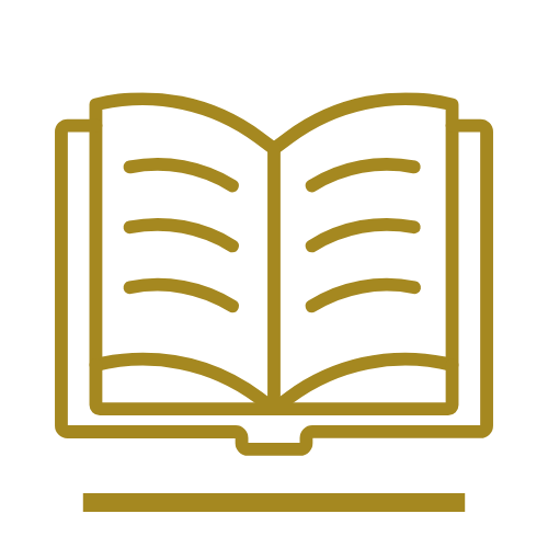 Goldene Linienzeichnung eines offenen Buchs auf schwarzem Hintergrund.