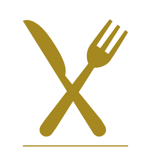 Goldene Gabel und Messer über Kreuz auf schwarzem Hintergrund.