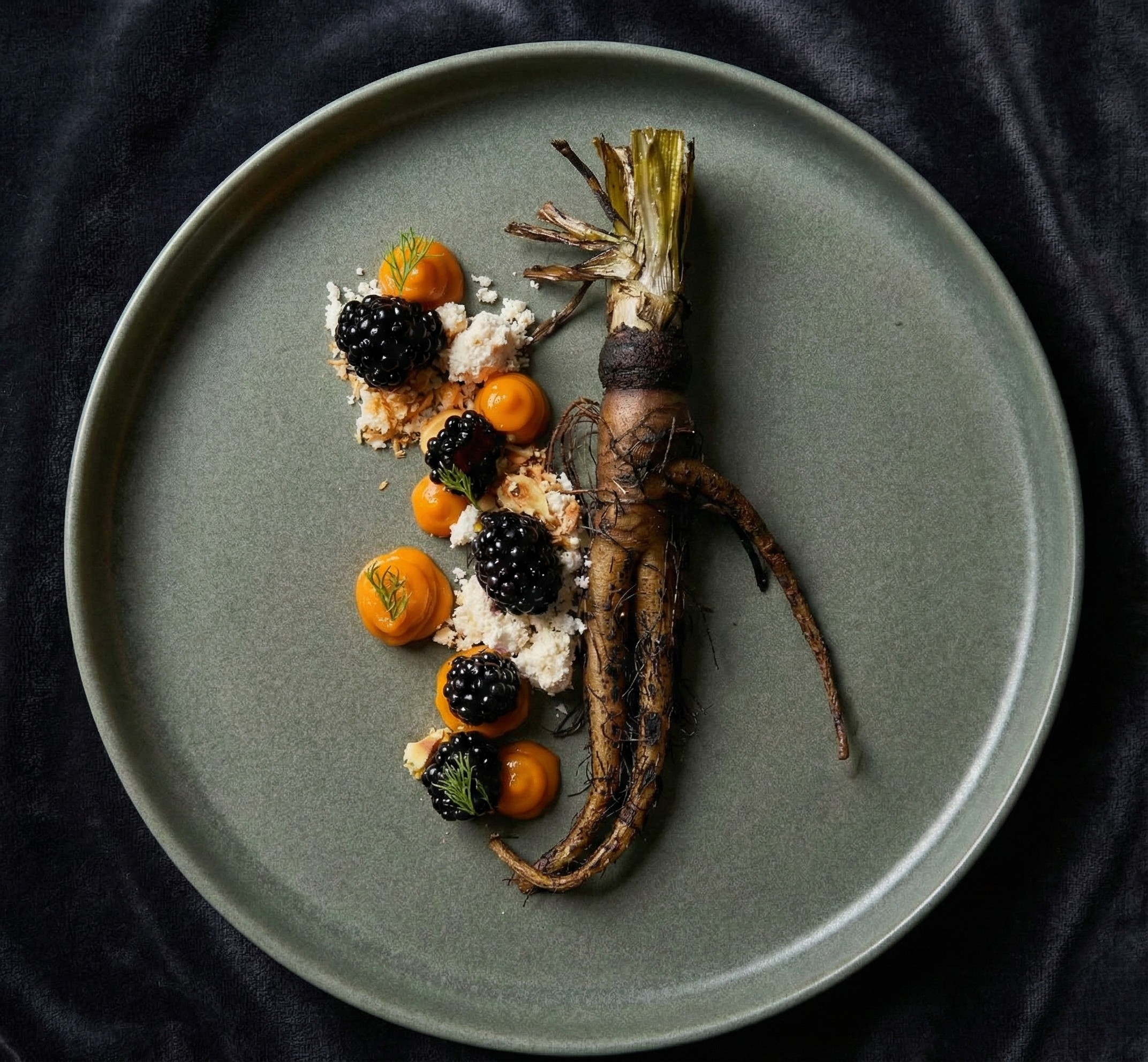 Ein Teller mit gegrilltem oder geschmortem Wurzelgemüse, garniert mit schwarzen und orangefarbenen Beeren, Creme, Krümeln und kleinen grünen Kräutern auf einem grünen Porzellan- oder Keramikteller.