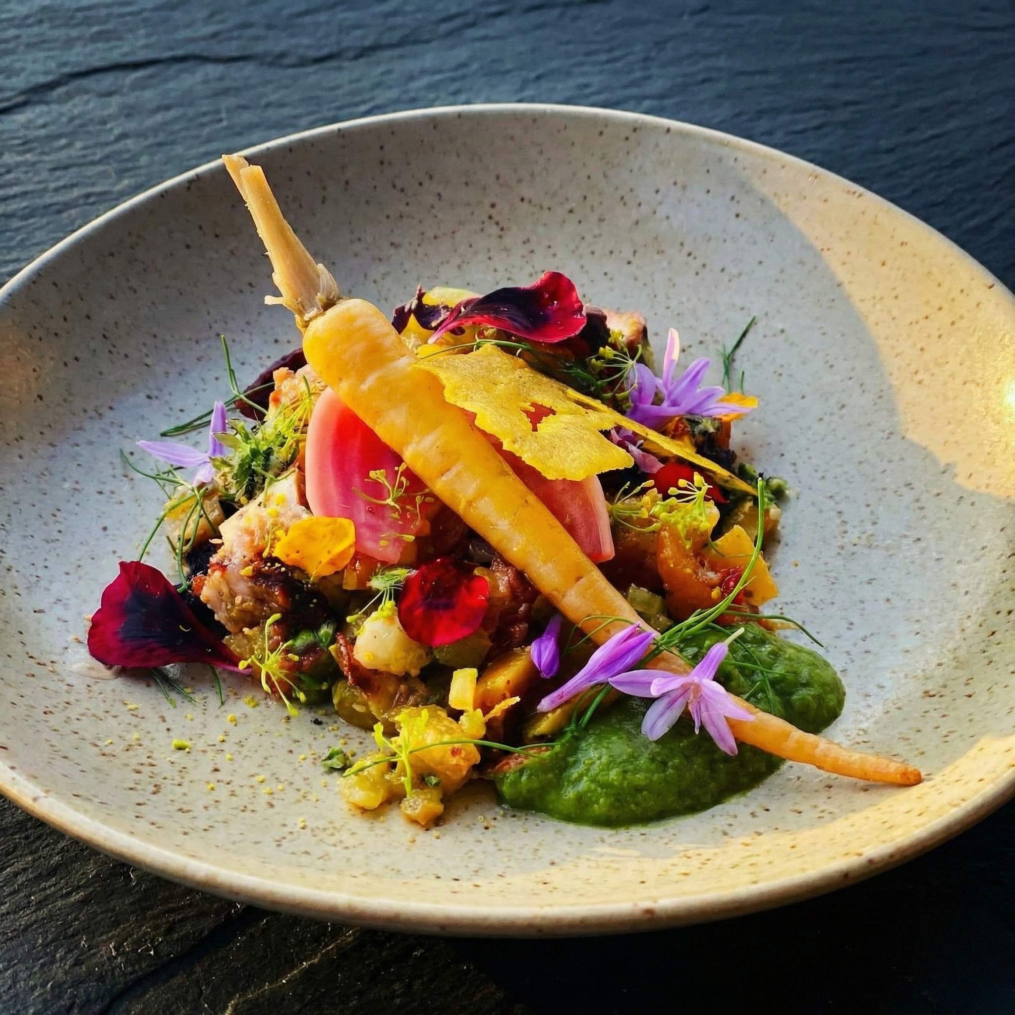Ein detailreich angerichteter Frühlingssalat mit Karotte, Rosenkohl, Radieschen, essbaren Blumen, Kräutern und essbaren Blättern auf einem beigefarbenen Teller.