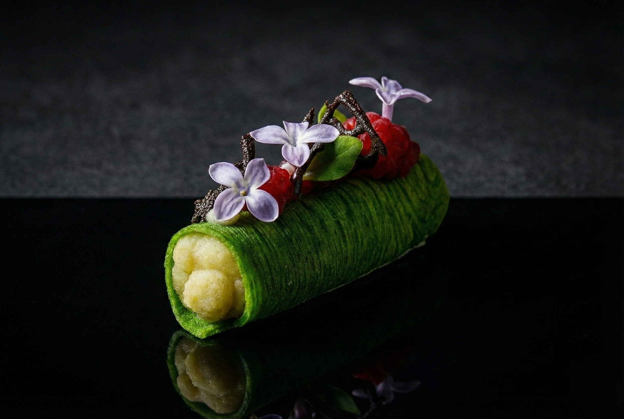 Ein grüner, länglicher Sushi-Rolle mit Bällchen im Inneren, garniert mit violetten Blumen, roten Beeren und schwarzen Dekorationen auf einem schwarzen Hintergrund.